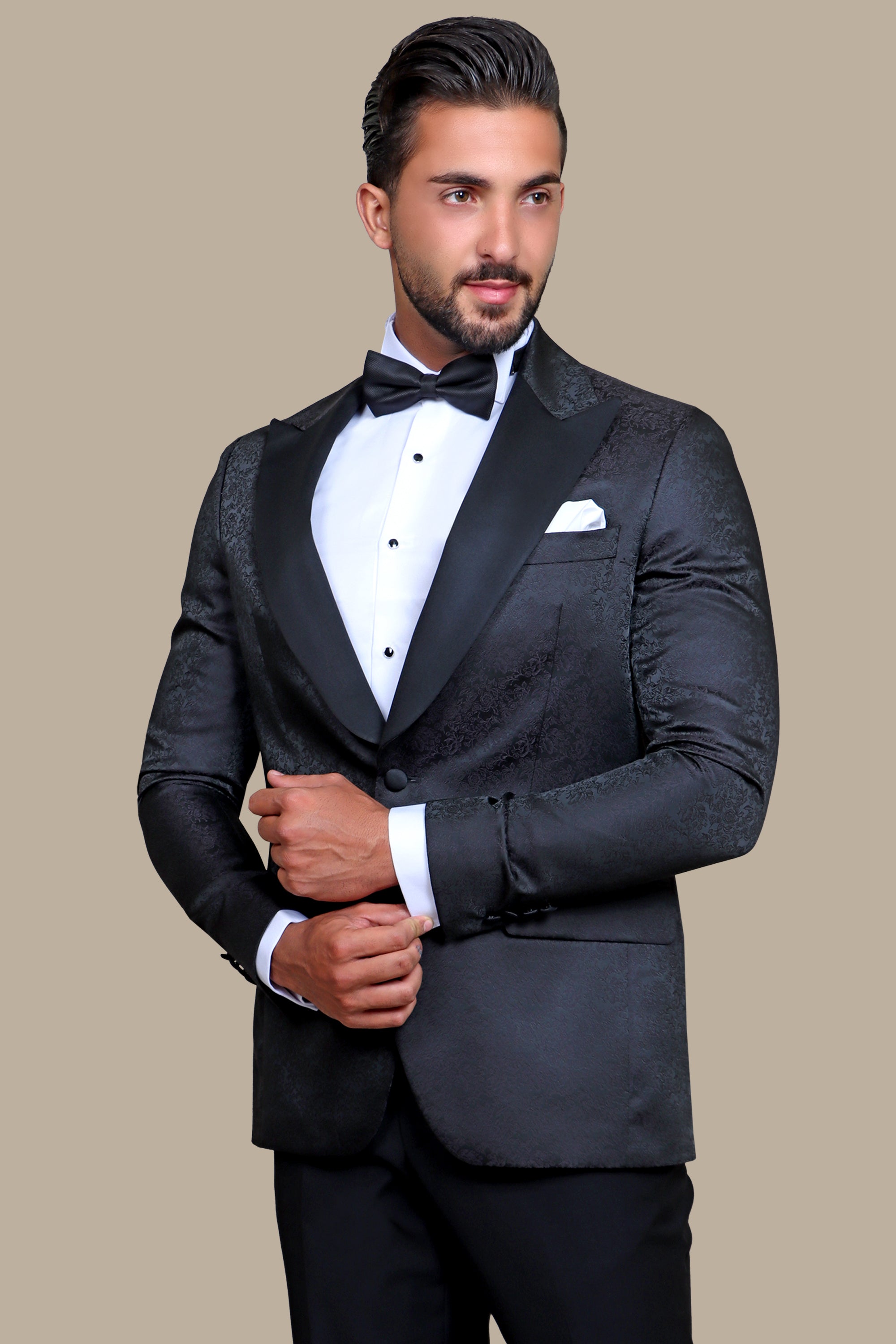 Elegant Blossom: Black Tuxedo with Jacquard Flower Print