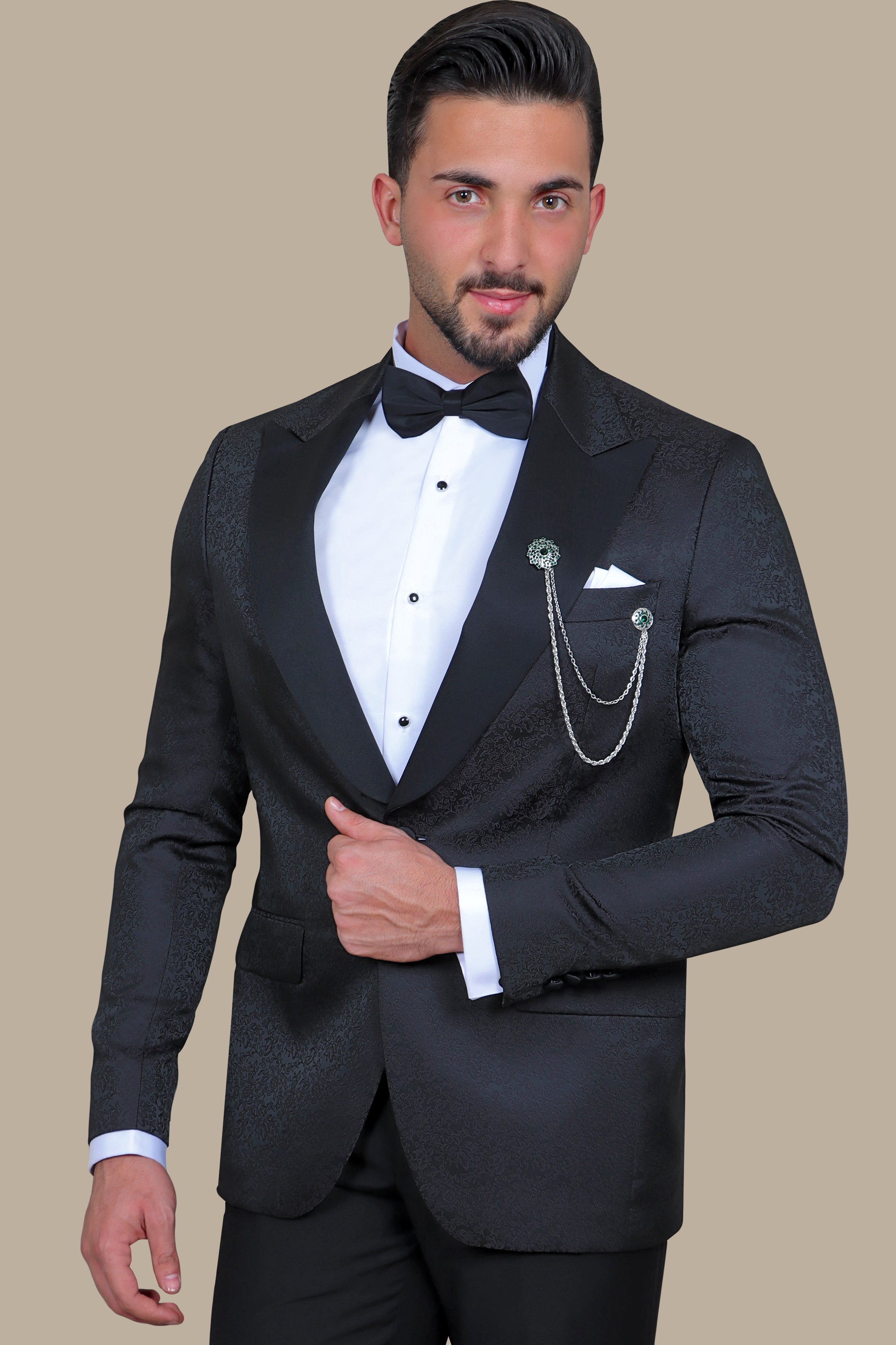 Elegant Blossom: Black Tuxedo with Jacquard Flower Print