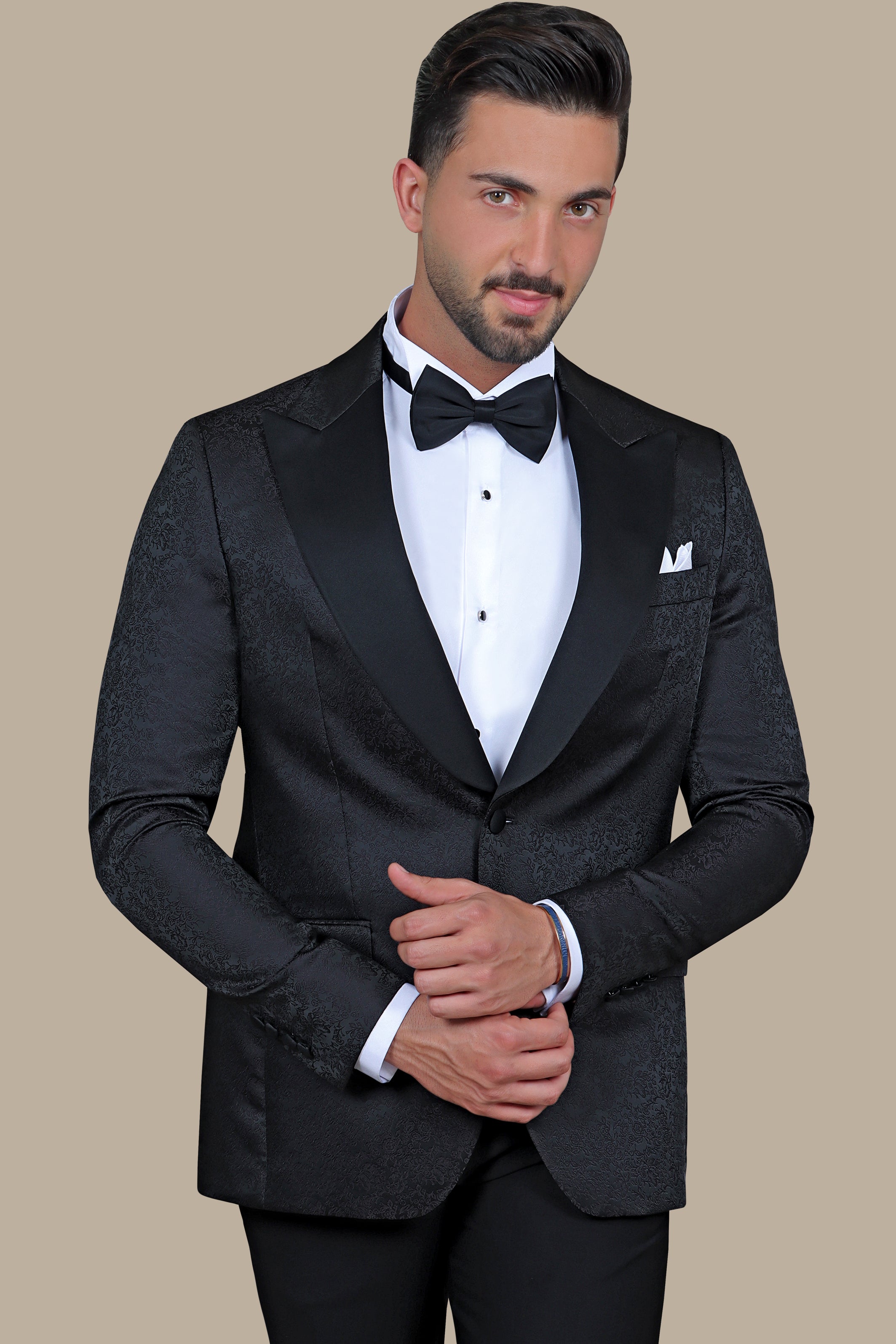 Elegant Blossom: Black Tuxedo with Jacquard Flower Print