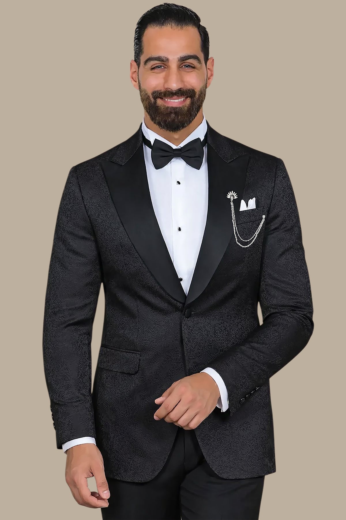 Elegant Blossom: Black Tuxedo with Jacquard Flower Print