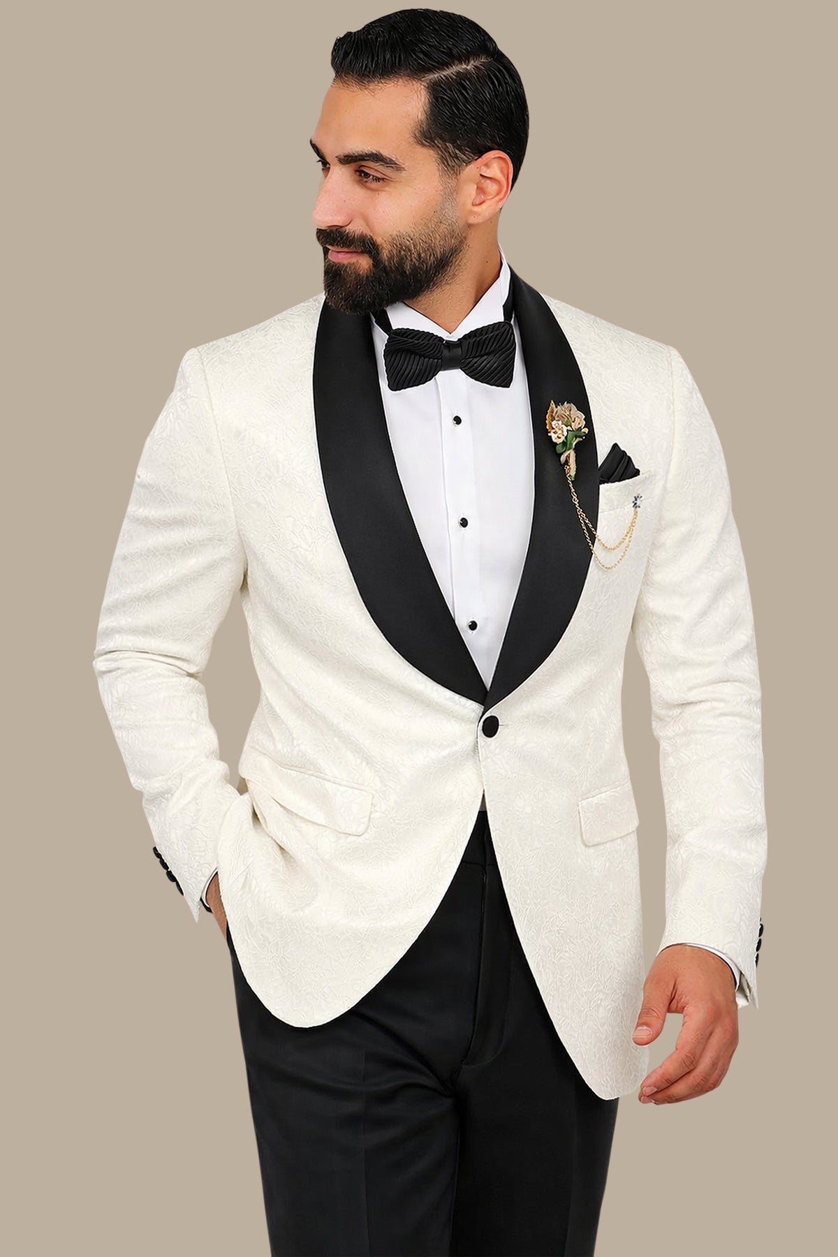 White Leaves Jacquard Shawl Collar Tuxedo