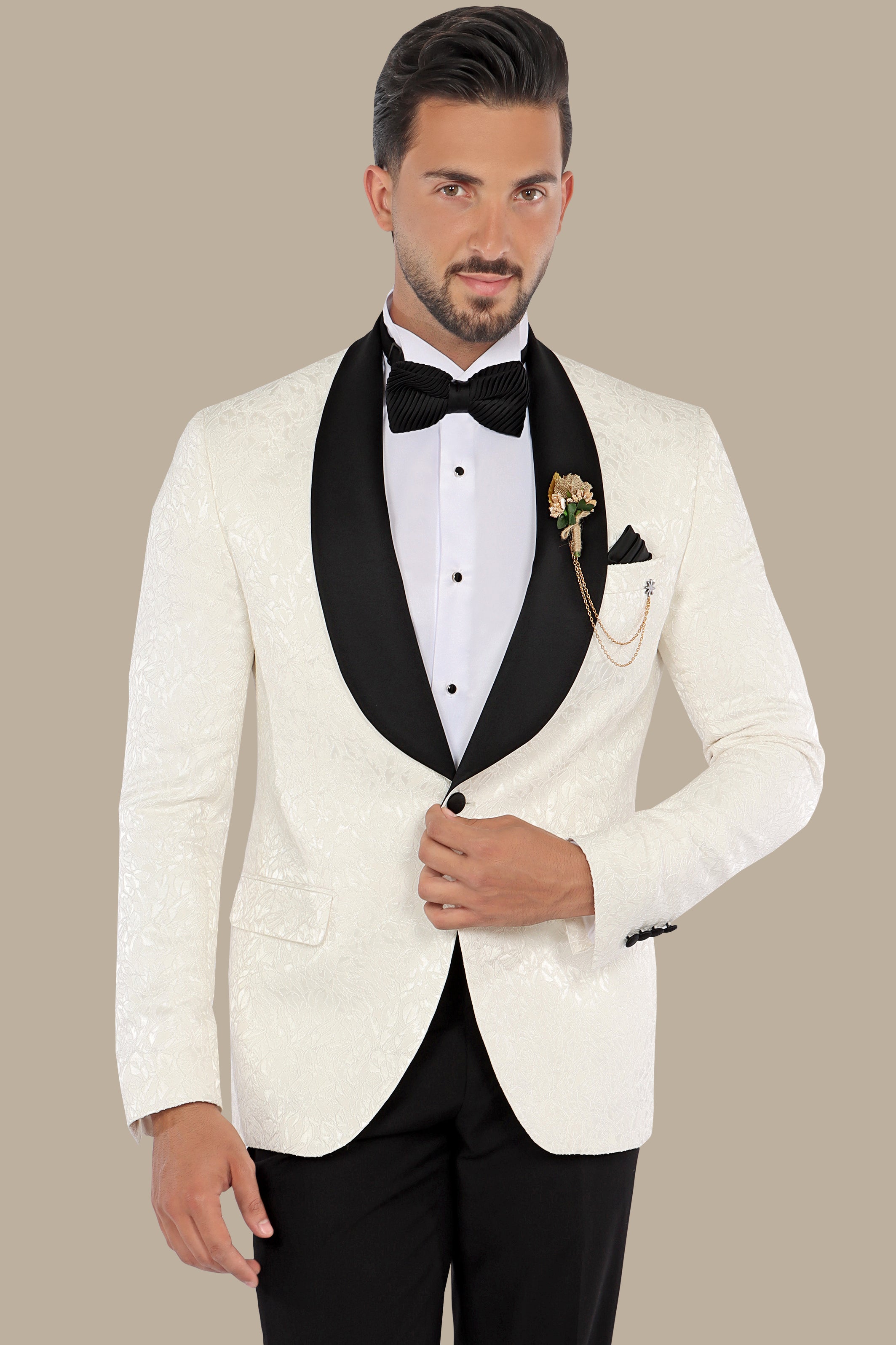 White Leaves Jacquard Shawl Collar Tuxedo