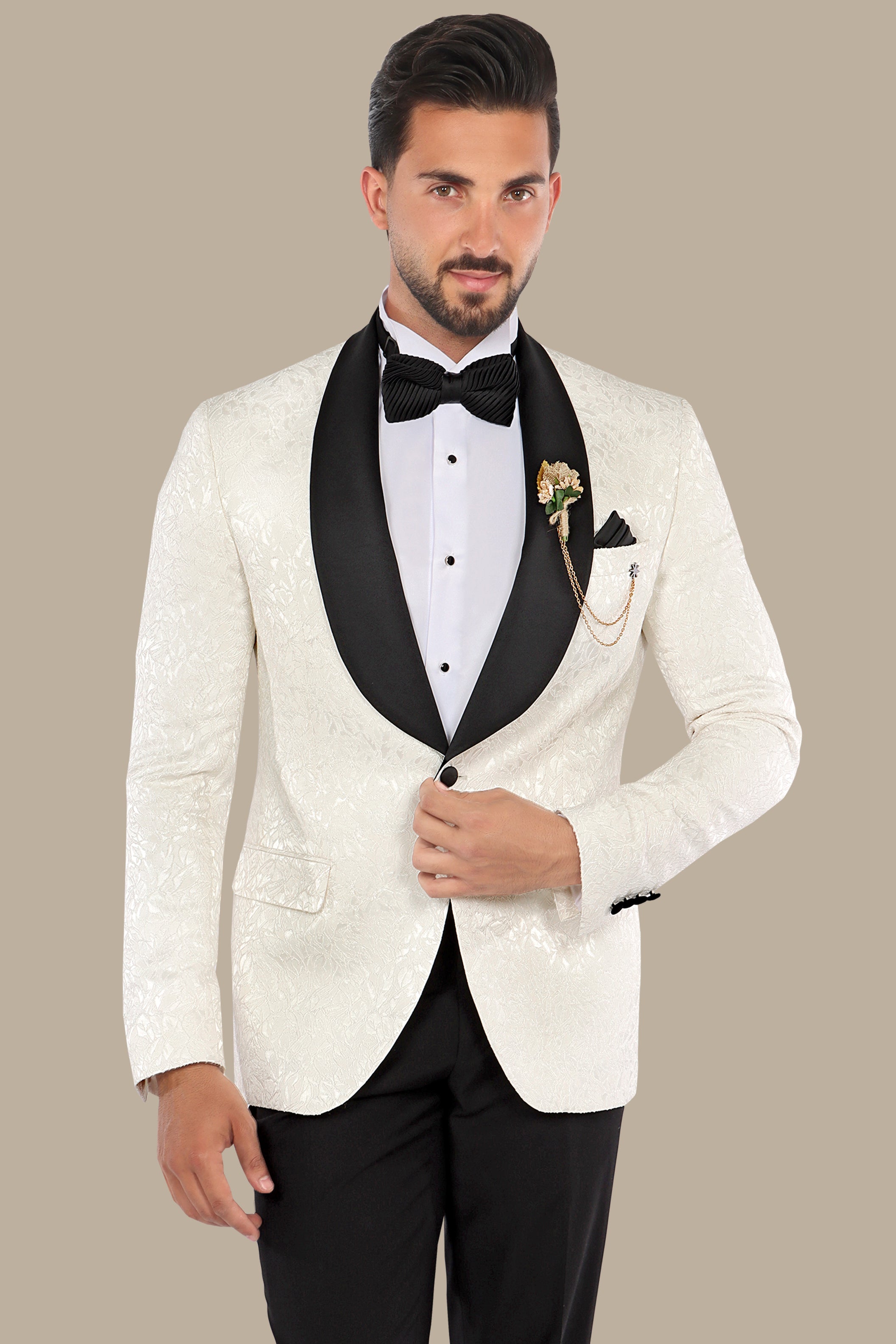 White Leaves Jacquard Shawl Collar Tuxedo