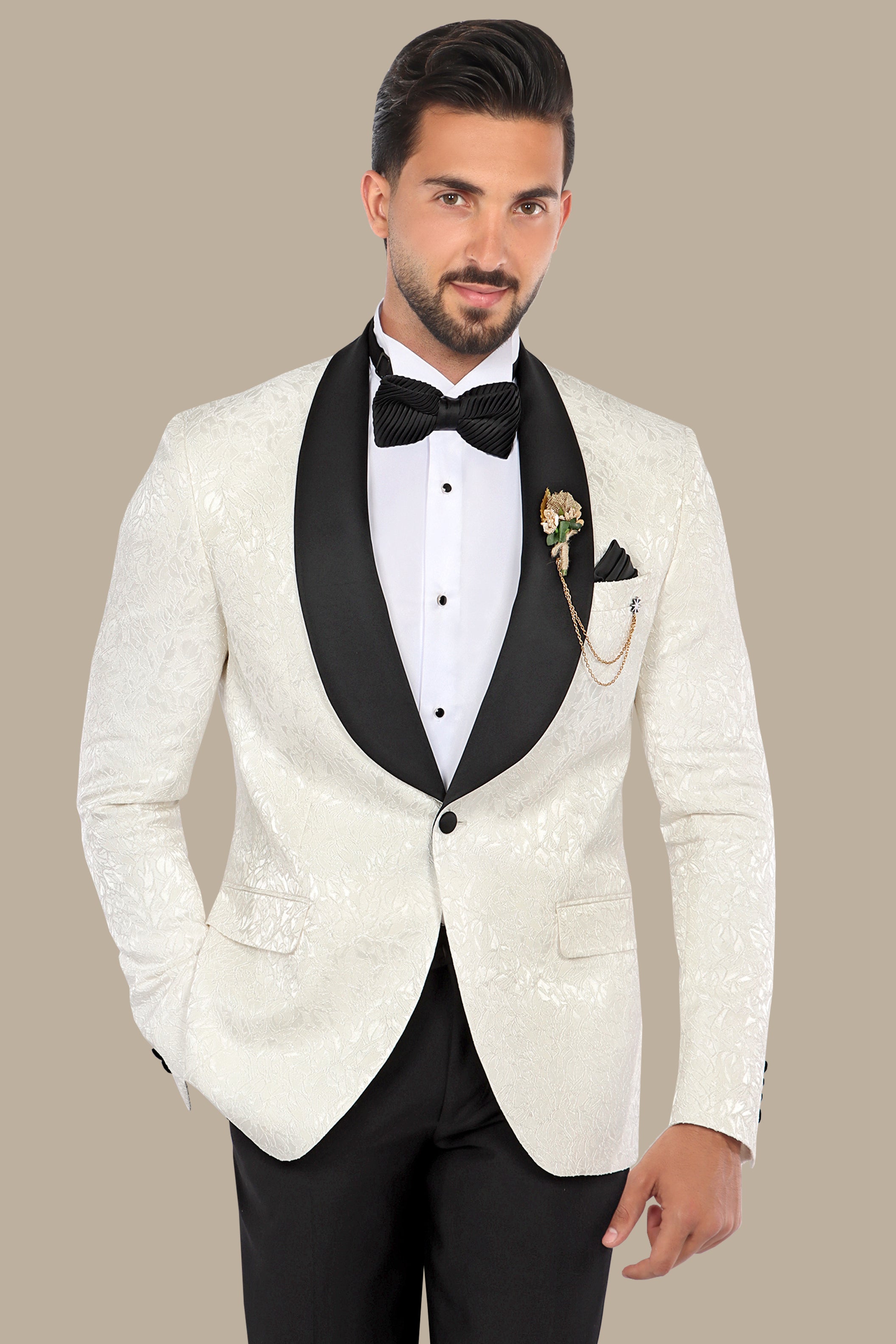 White Leaves Jacquard Shawl Collar Tuxedo