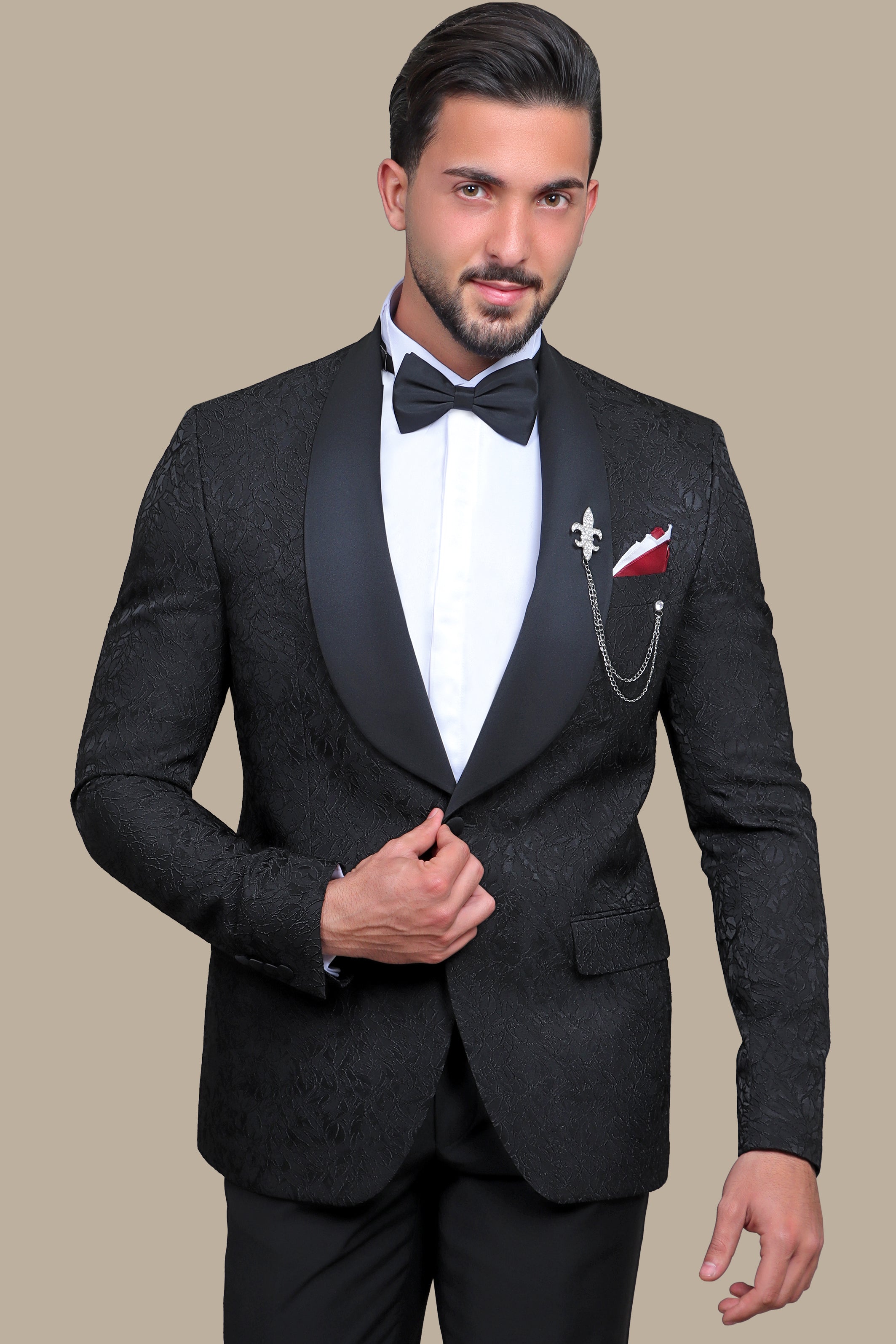 Revolt in Noir: Tuxedo Rebellion - Wide Collar Black Jacquard Leaves