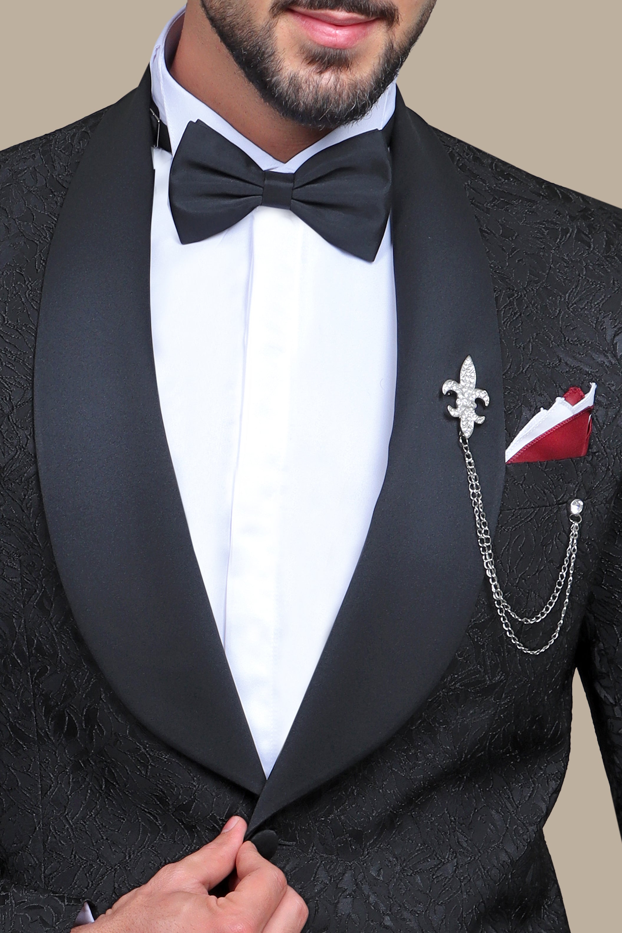 Revolt in Noir: Tuxedo Rebellion - Wide Collar Black Jacquard Leaves