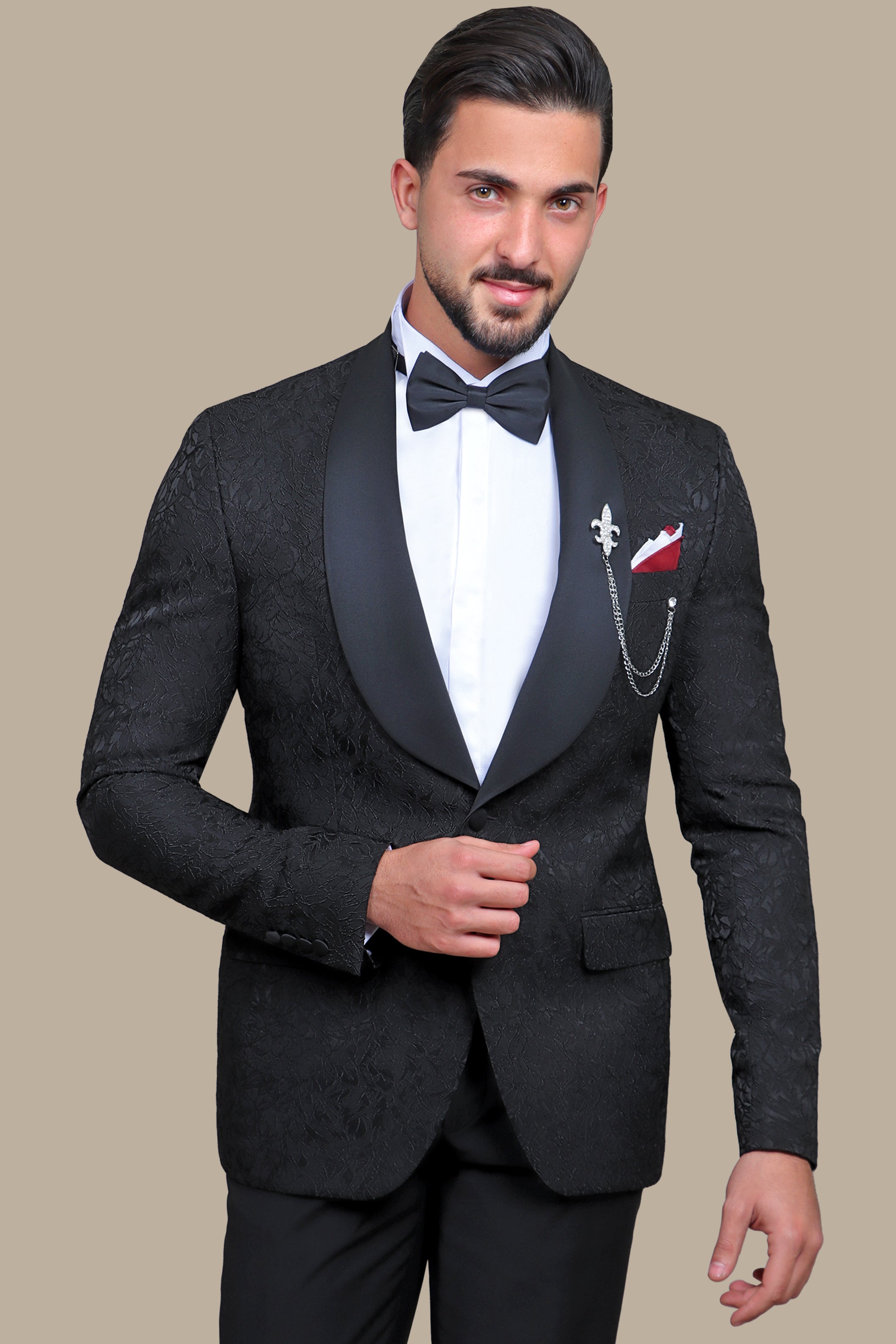 Revolt in Noir: Tuxedo Rebellion - Wide Collar Black Jacquard Leaves