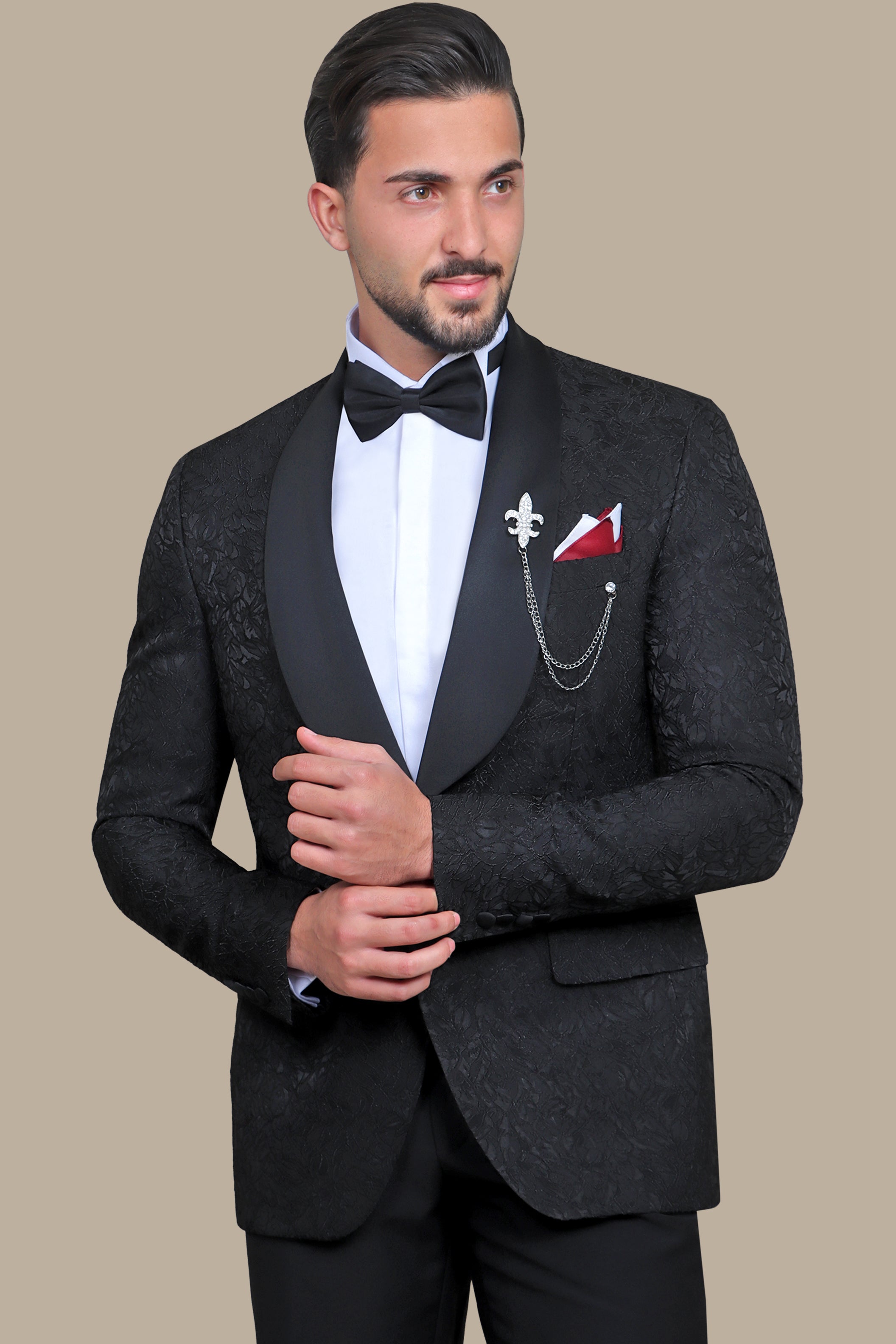 Revolt in Noir: Tuxedo Rebellion - Wide Collar Black Jacquard Leaves