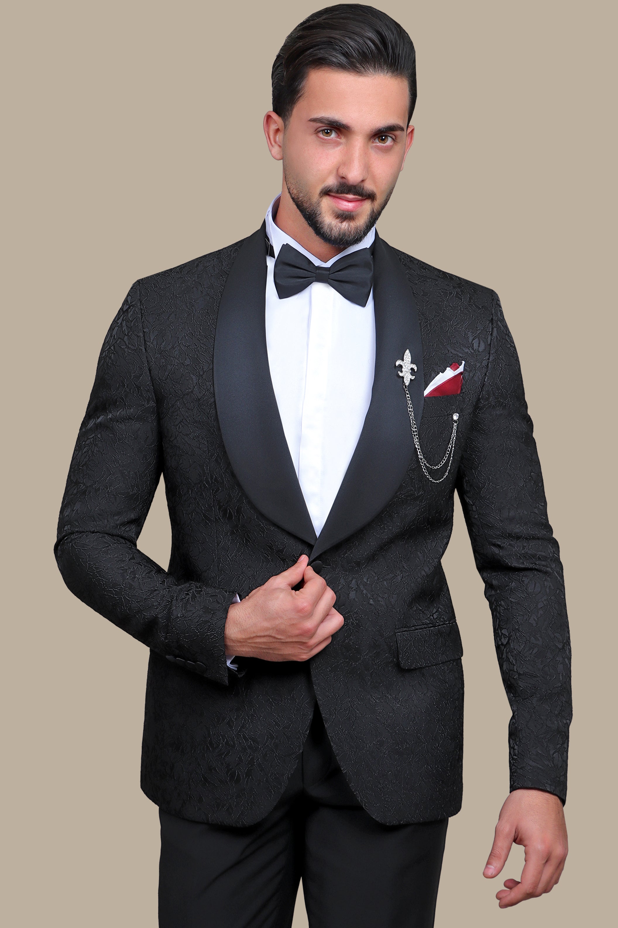 Revolt in Noir: Tuxedo Rebellion - Wide Collar Black Jacquard Leaves