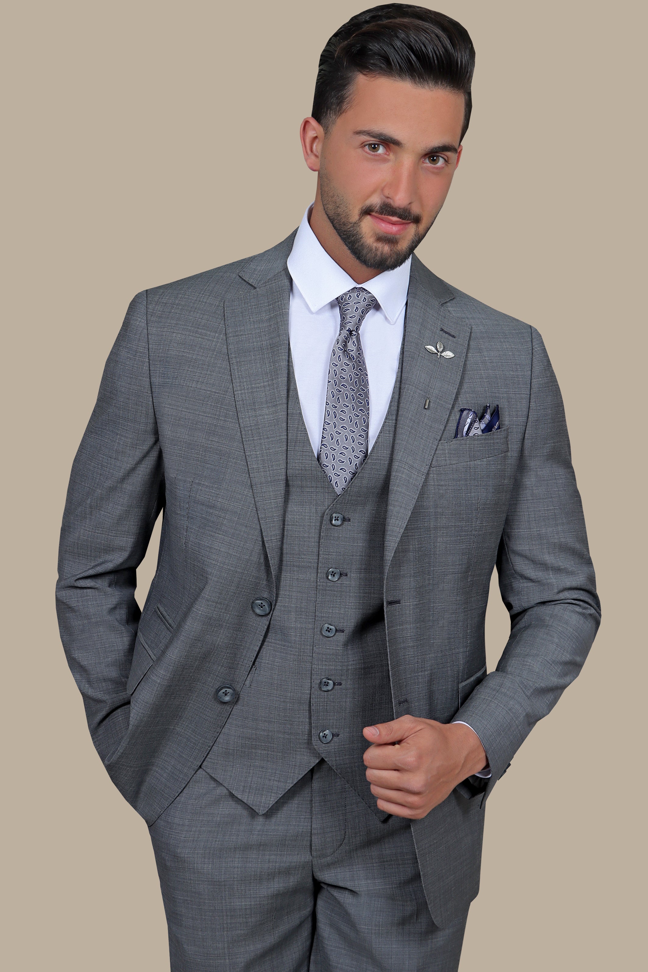 Timeless Charisma: Grey Wool Notch Filafil 3-Piece Suit