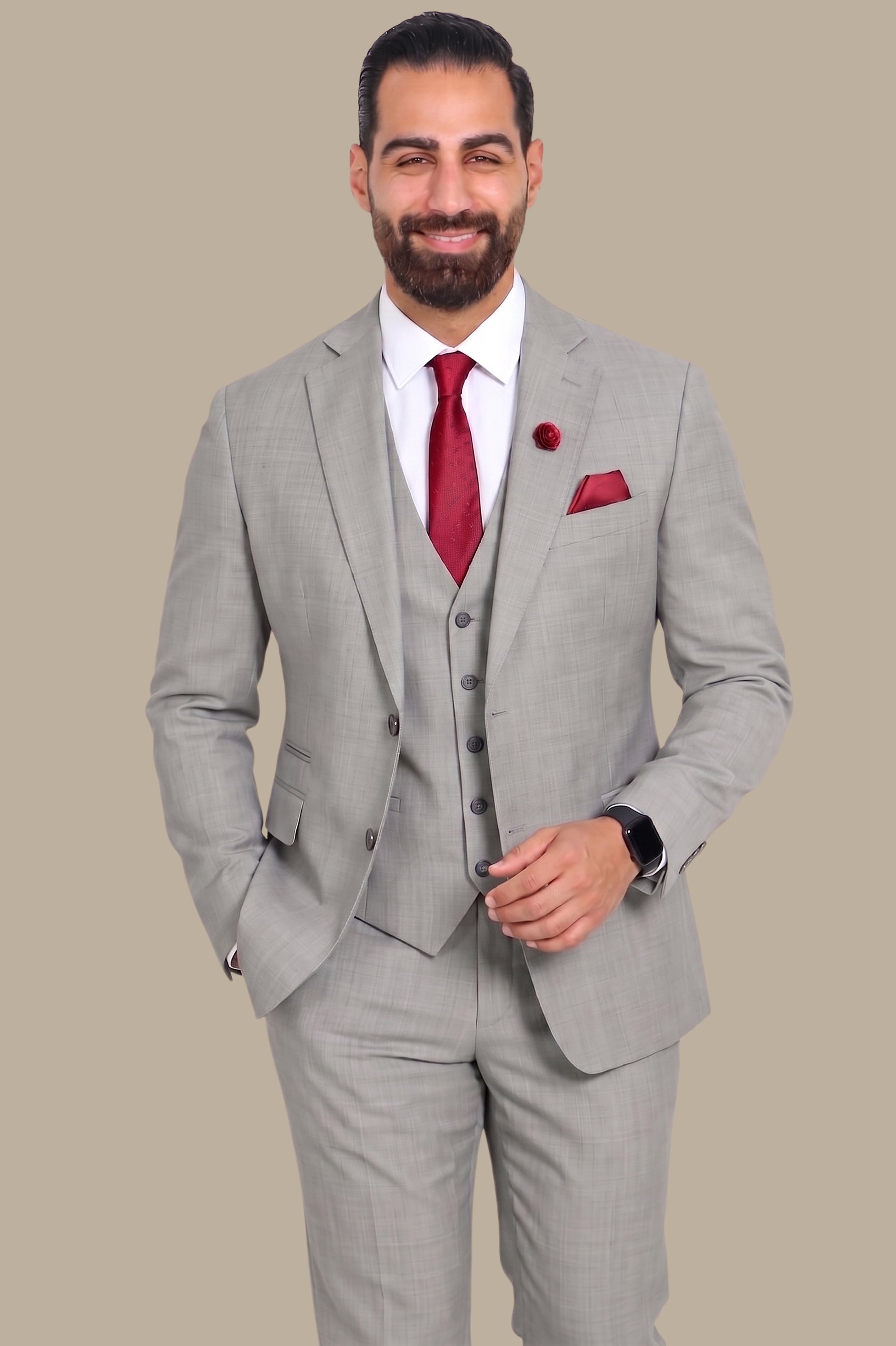 Effortless Chic: Wool Notch Fila Fil 3-Piece Suit in Light Grey