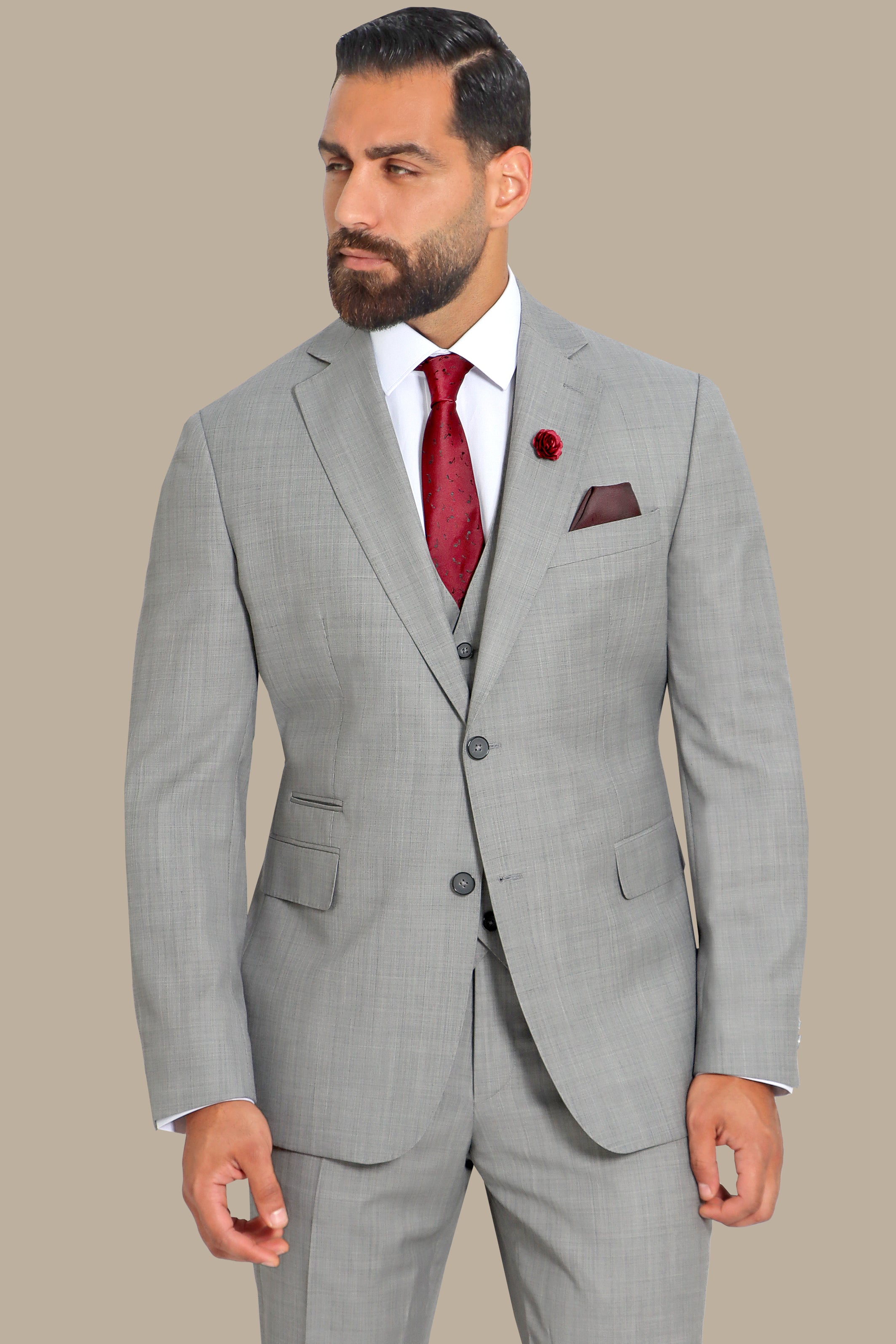 Effortless Chic: Wool Notch Fila Fil 3-Piece Suit in Light Grey