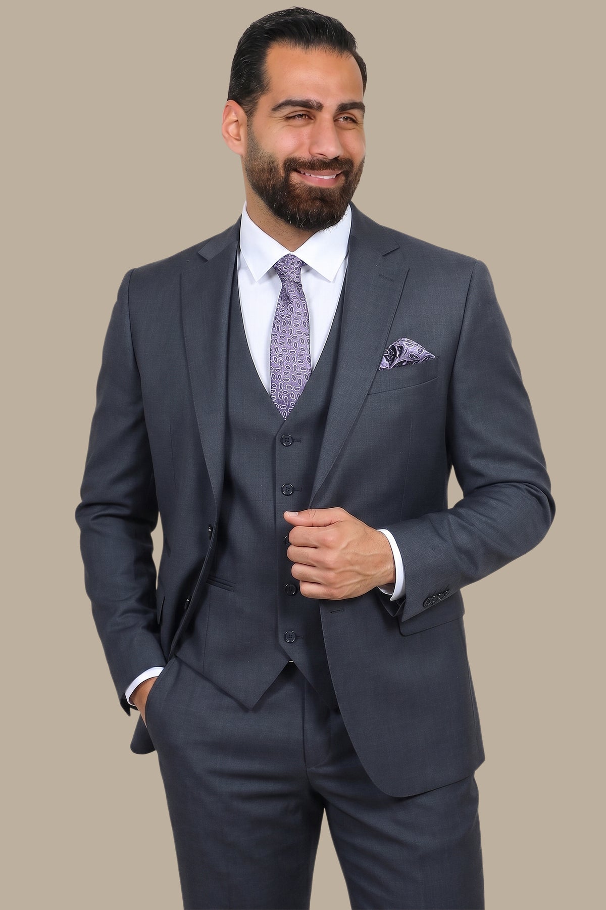 Refined Elegance: Dark Grey Wool Notch Fila Fil 3-Piece Suit