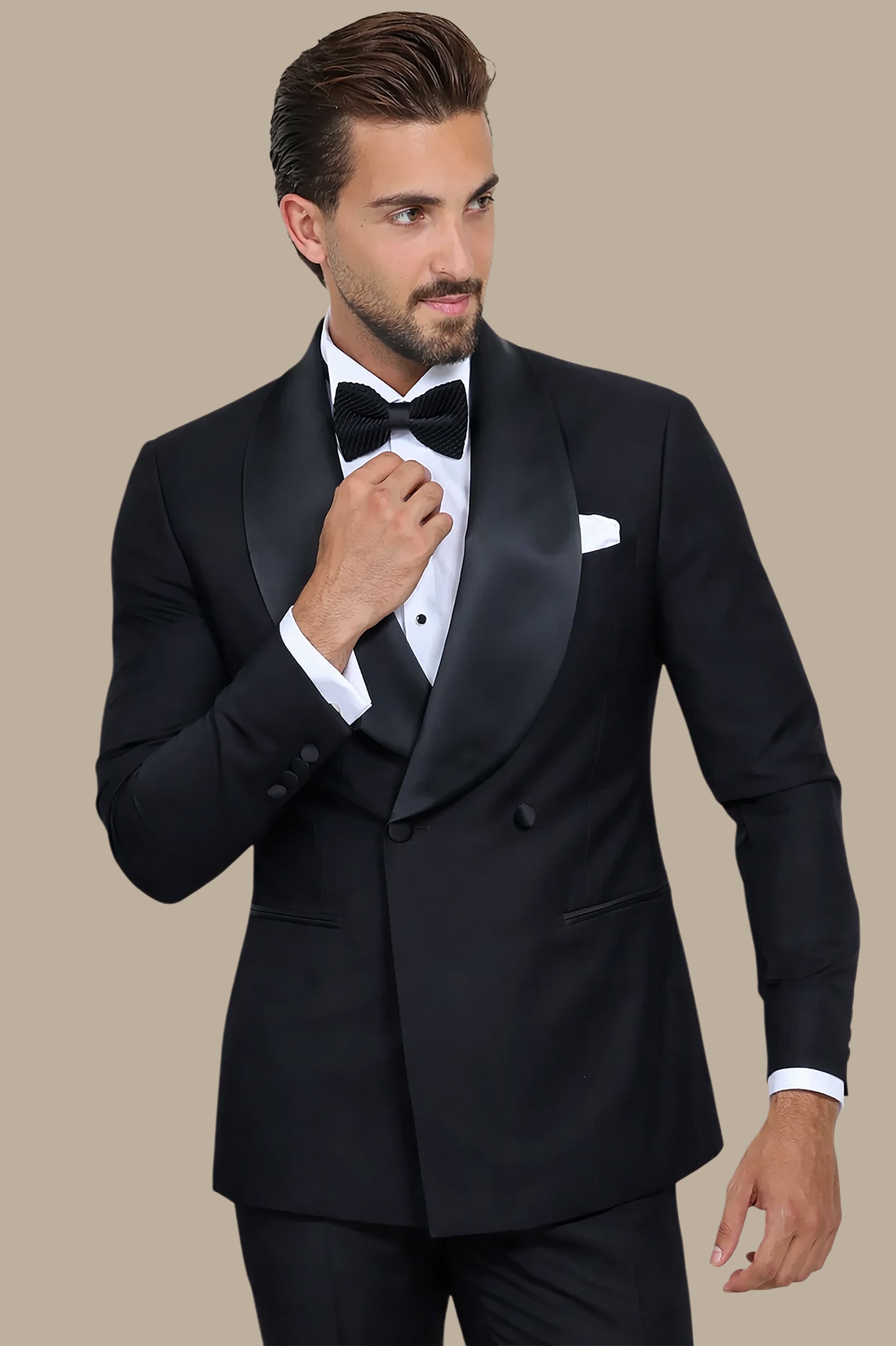 Midnight Classic: Black Tuxedo with Wide Shawl Collar