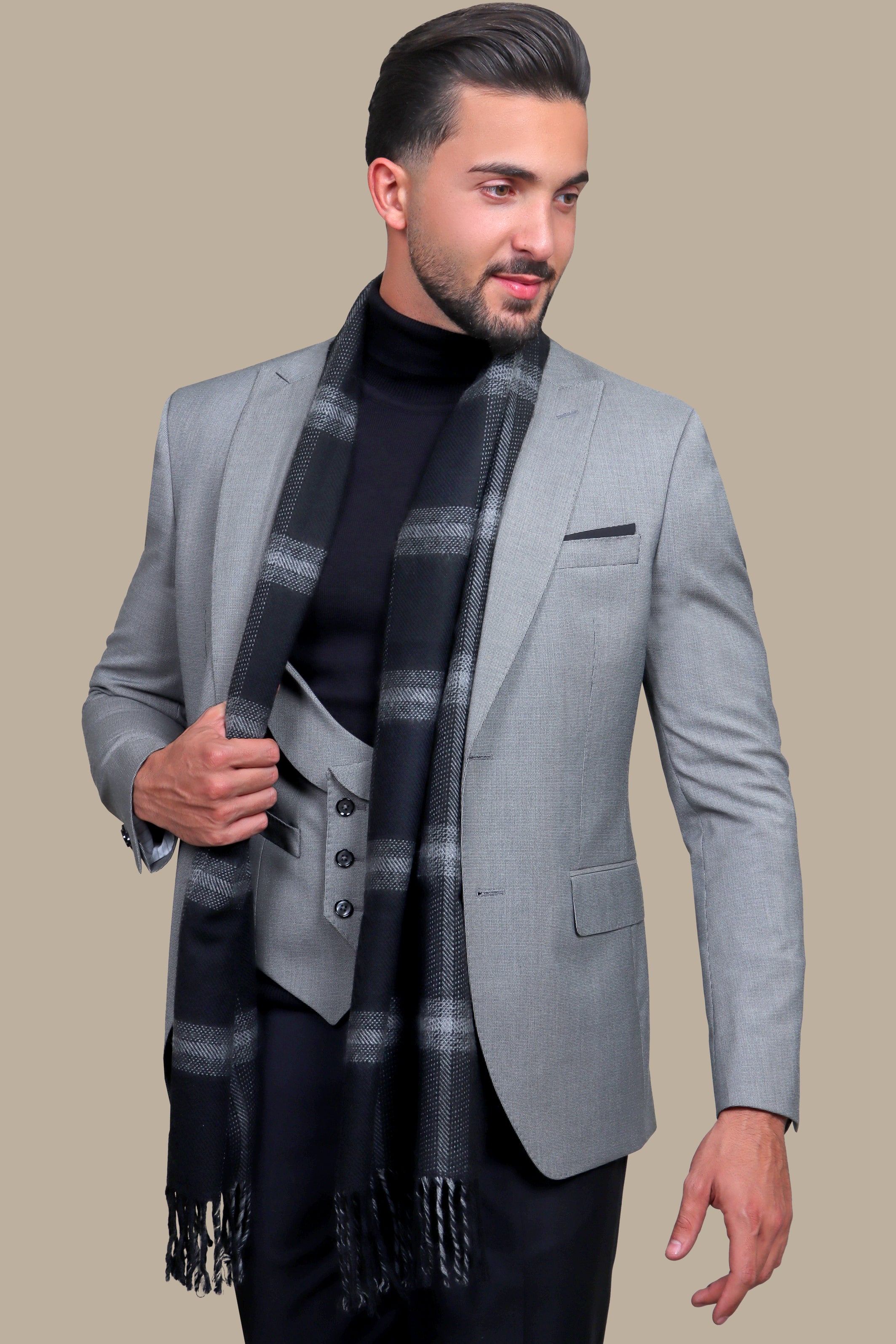 Grey Peak Lapel 3-Piece Suit with Black Pants