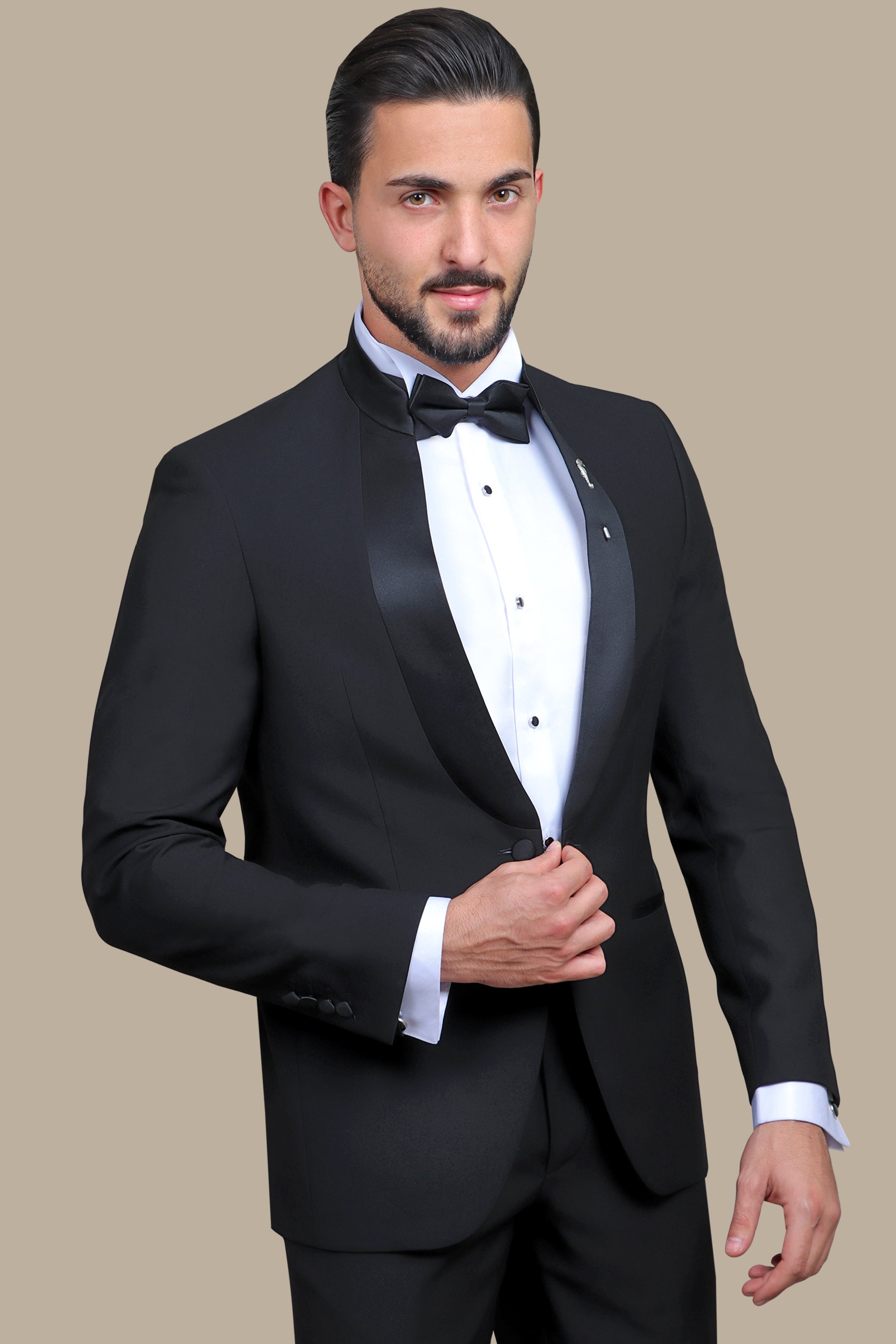 Black Mandarin Collar Tuxedo with Satin Piping