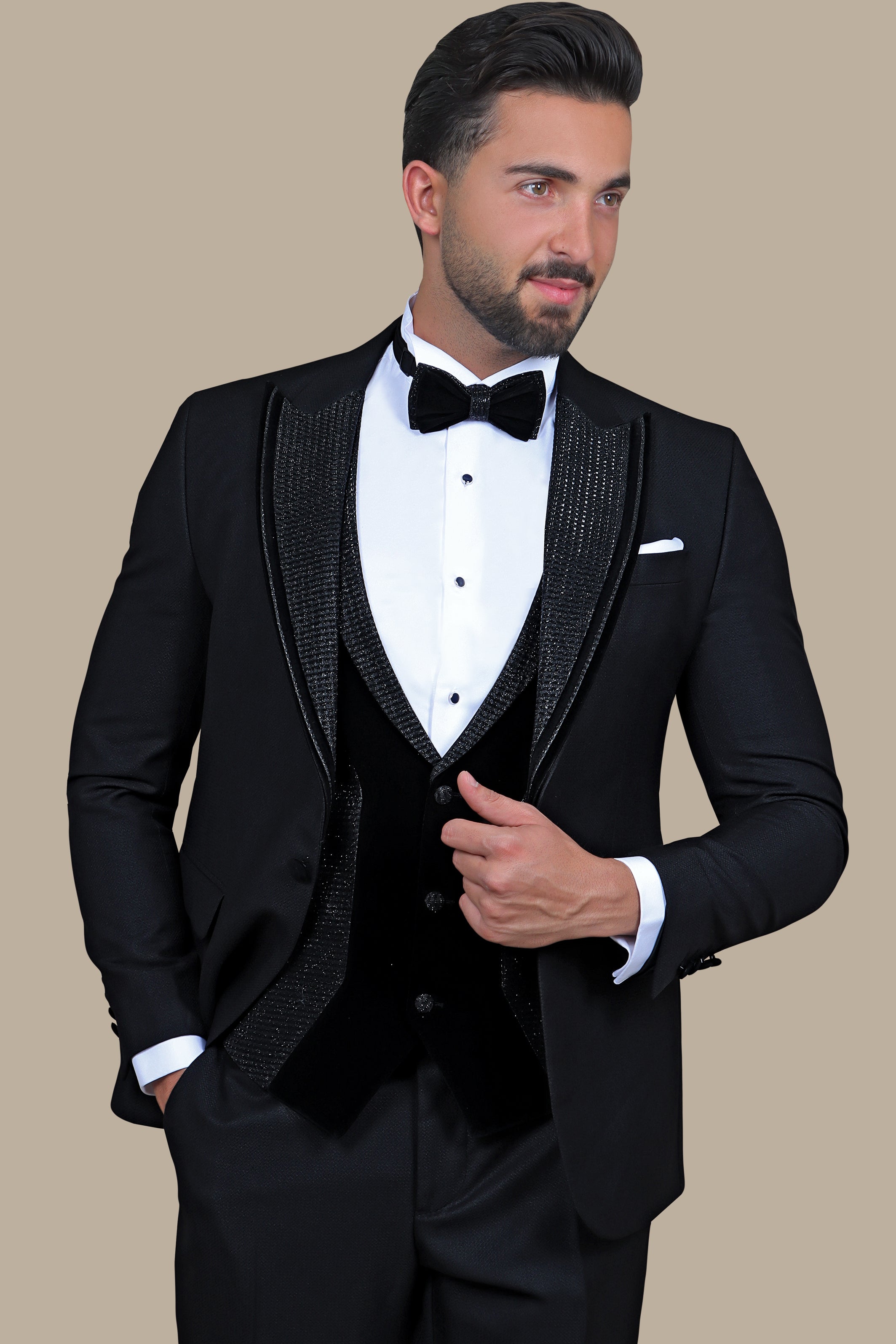 4-Piece Black Glitter & Velvet Tuxedo Set