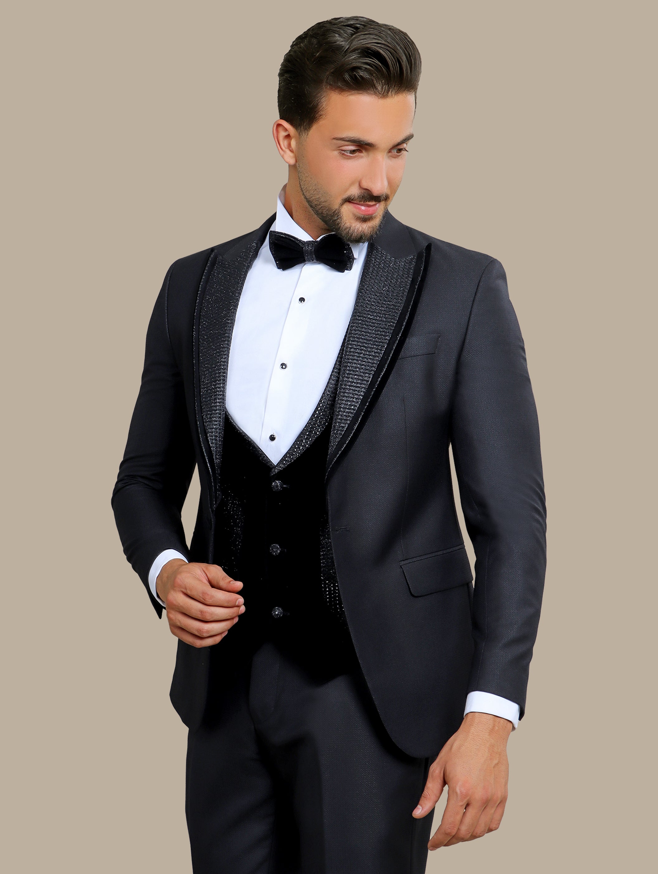 4-Piece Black Glitter & Velvet Tuxedo Set