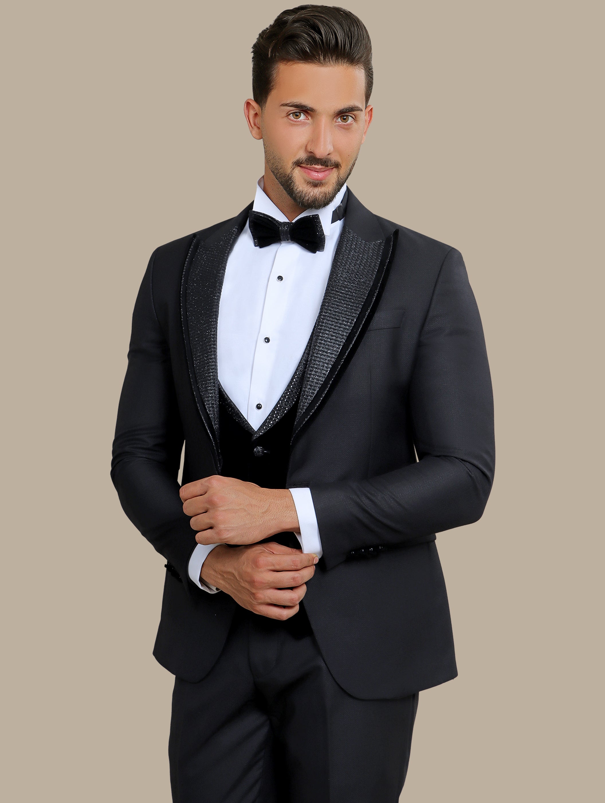 4-Piece Black Glitter & Velvet Tuxedo Set