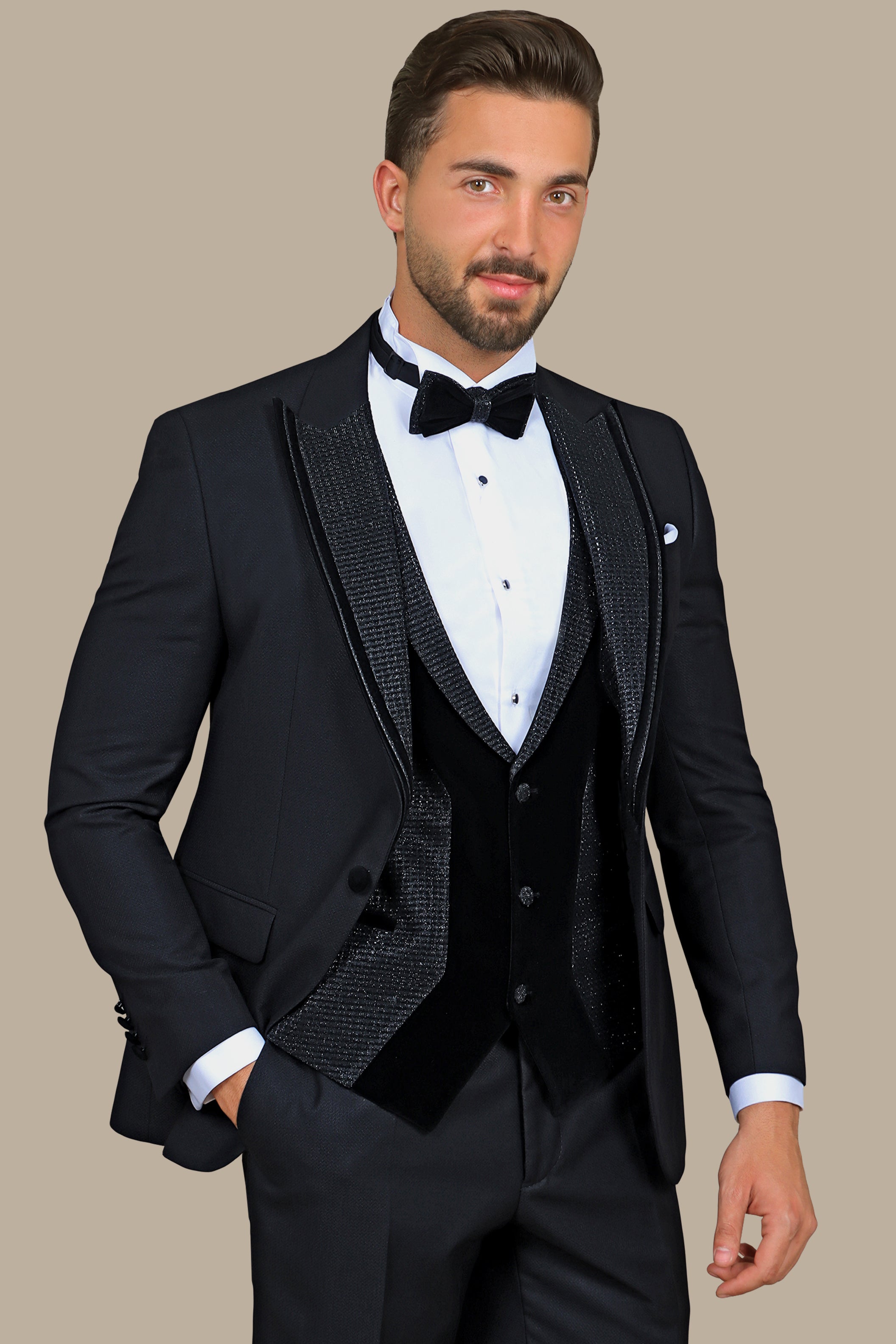 4-Piece Black Glitter & Velvet Tuxedo Set