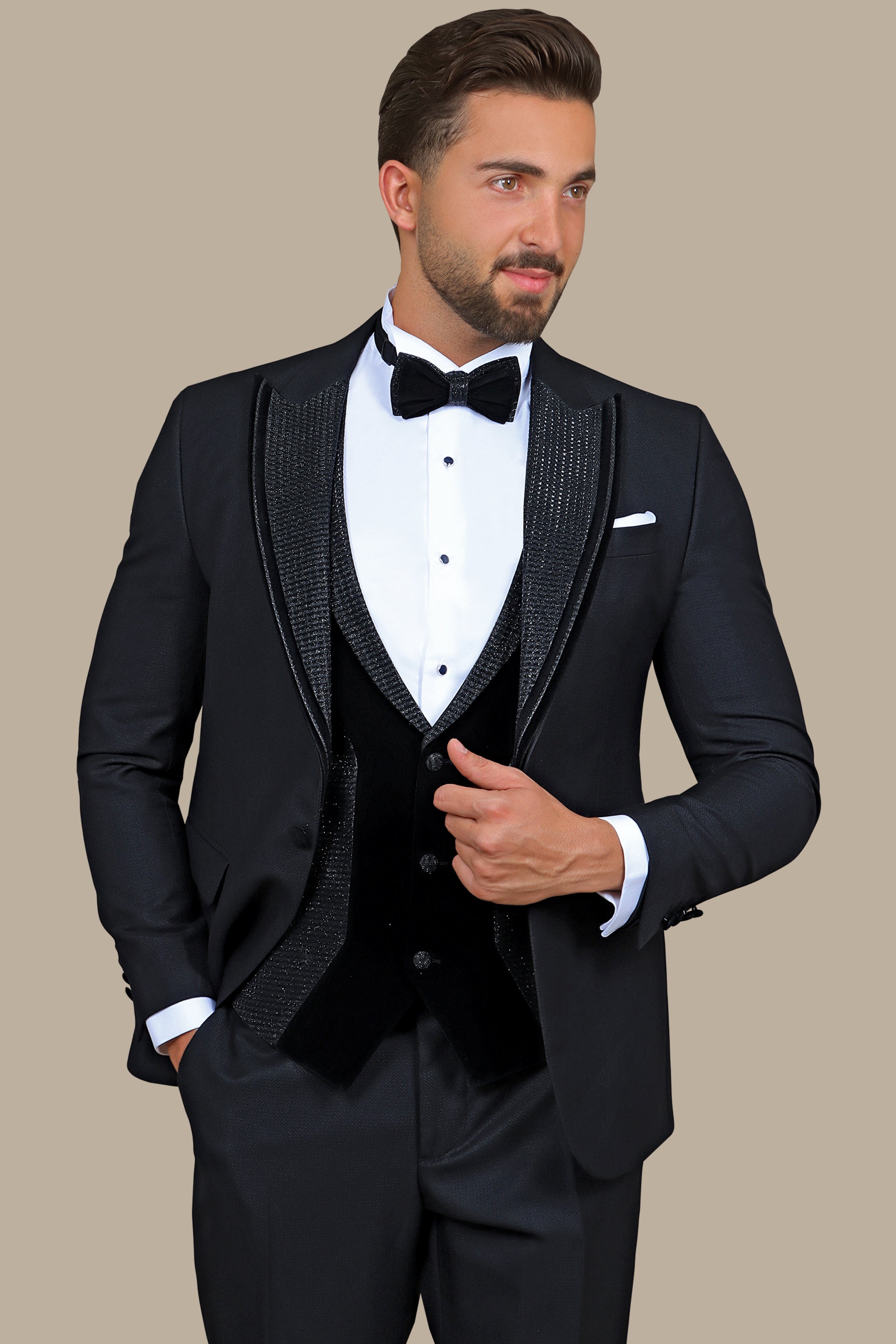 4-Piece Black Glitter & Velvet Tuxedo Set