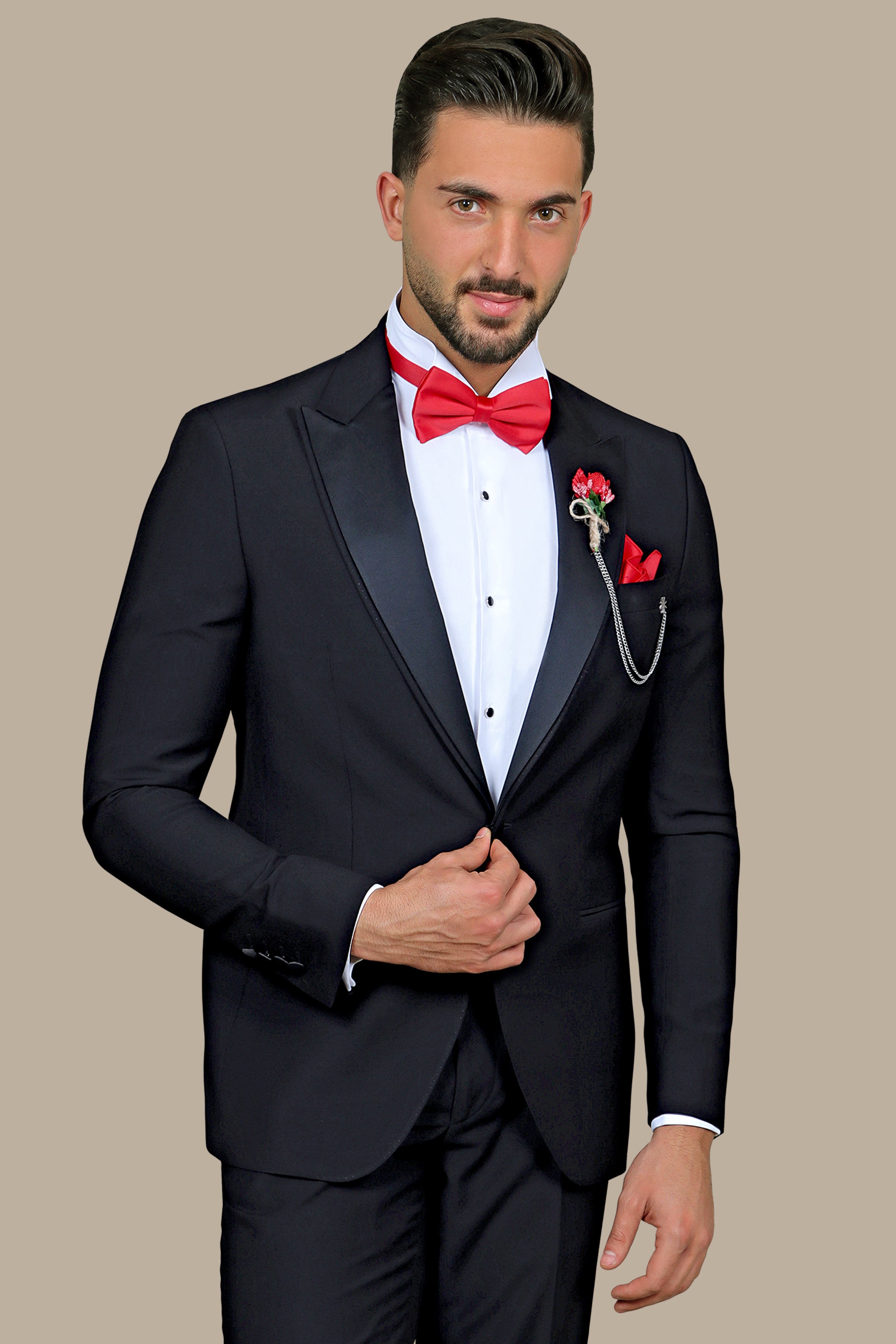 Double Layered Elegance: Black Peak Lapel Tuxedo Suit