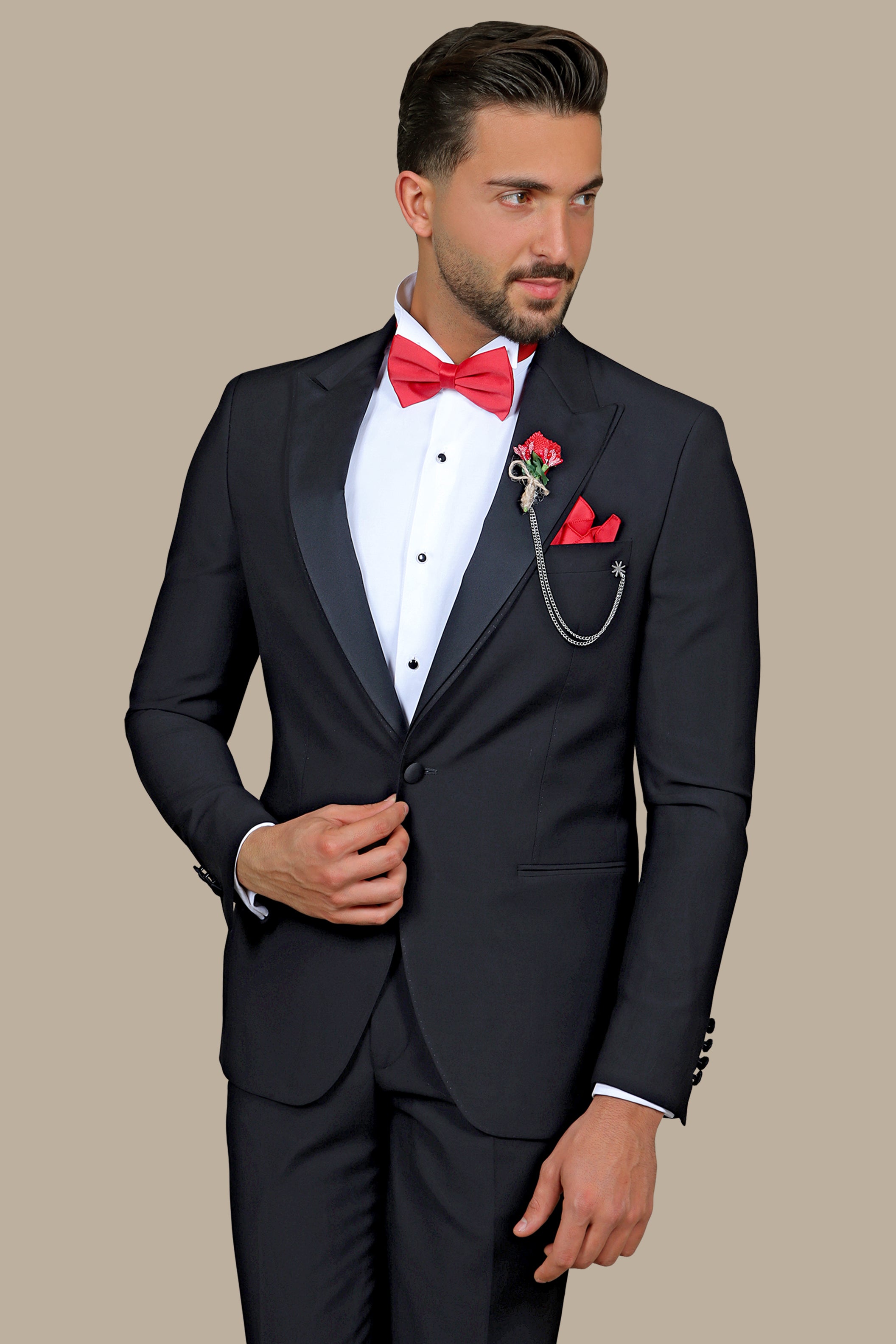 Double Layered Elegance: Black Peak Lapel Tuxedo Suit