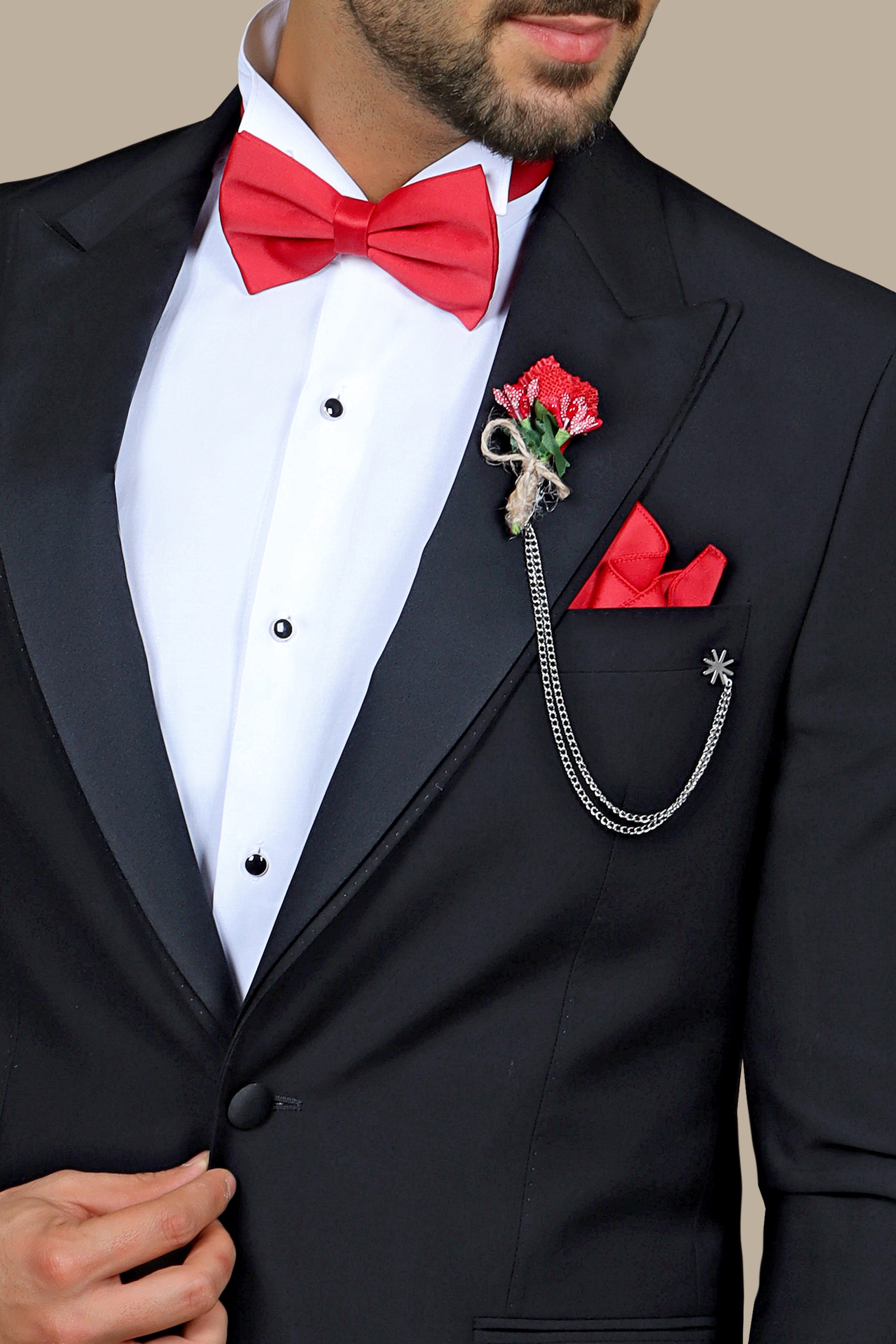 Double Layered Elegance: Black Peak Lapel Tuxedo Suit