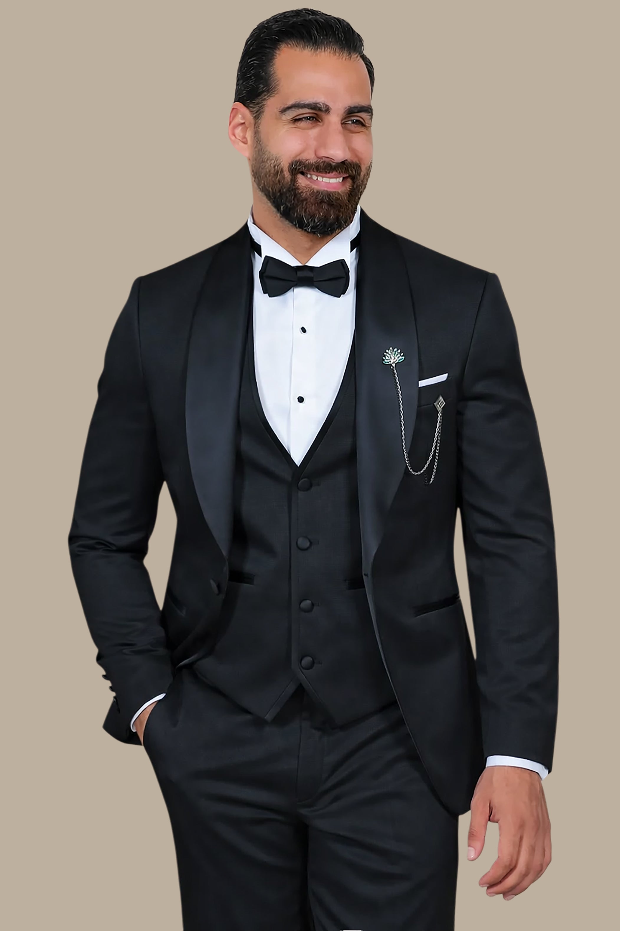 Tuxedo Pattern Wide Col Chale 4 Pcs | Black