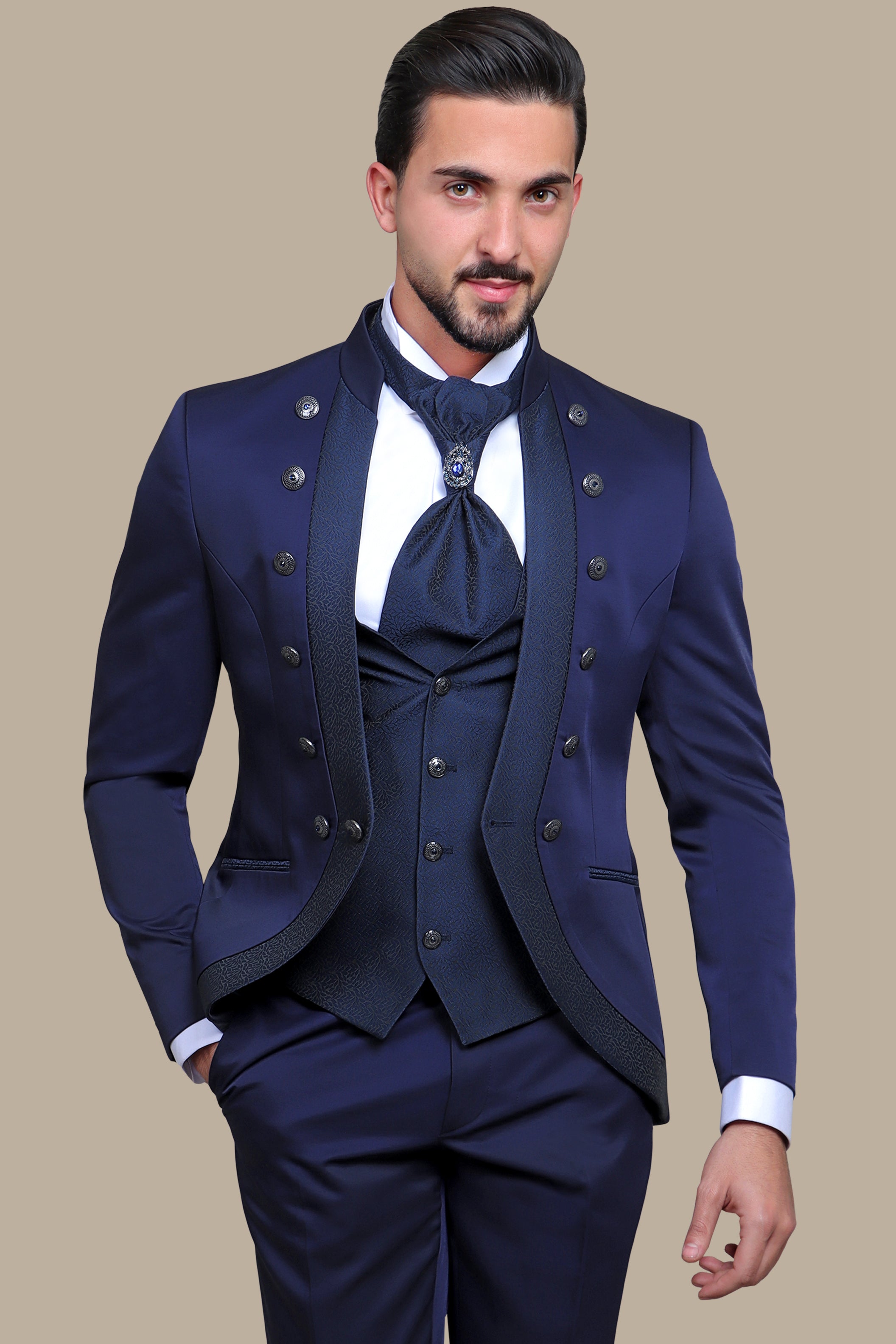 Navy 4-Piece Mao Collar Tuxedo with 12 Buttons