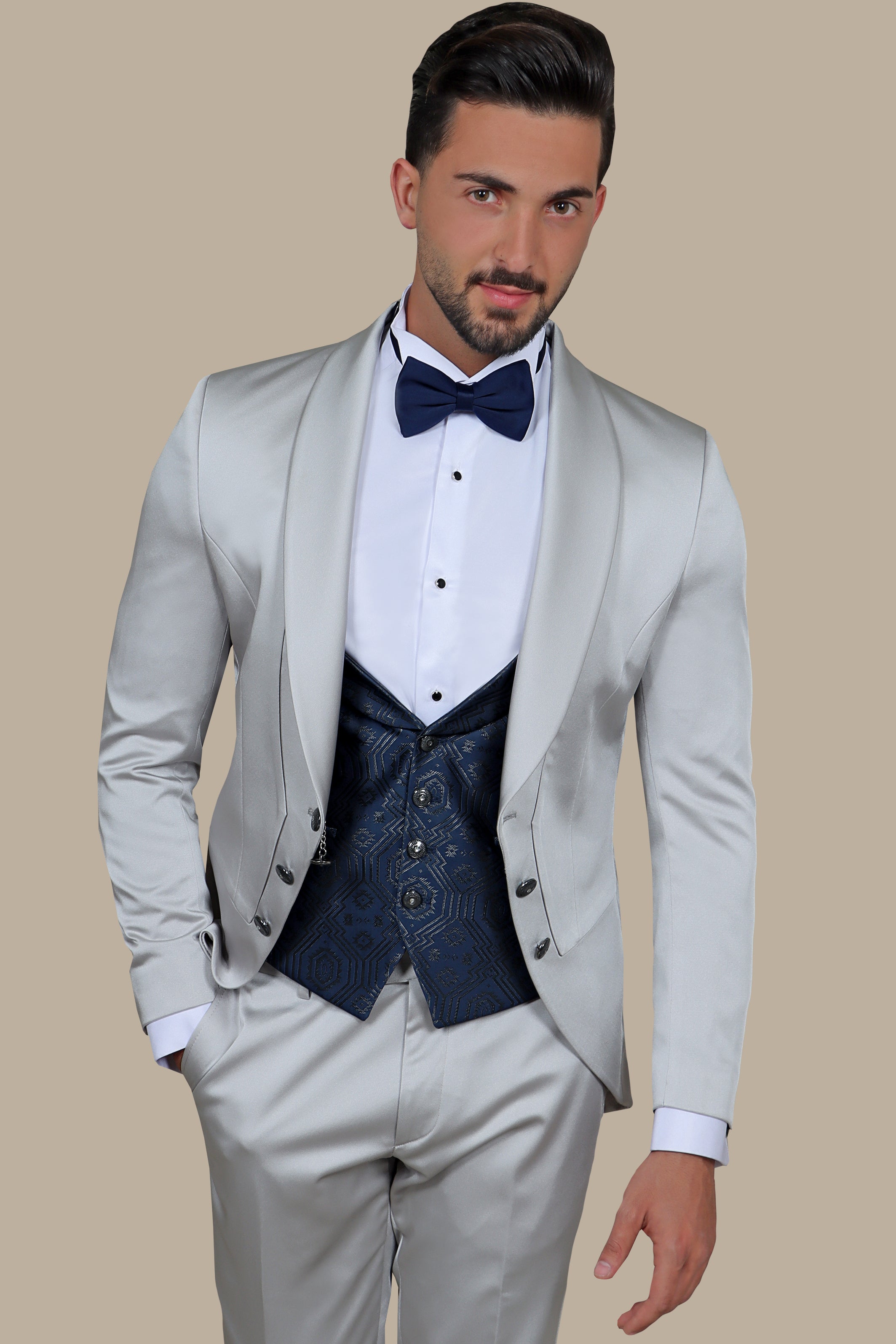 Timeless Sophistication: Silver 6-Button Shawl Collar Tuxedo