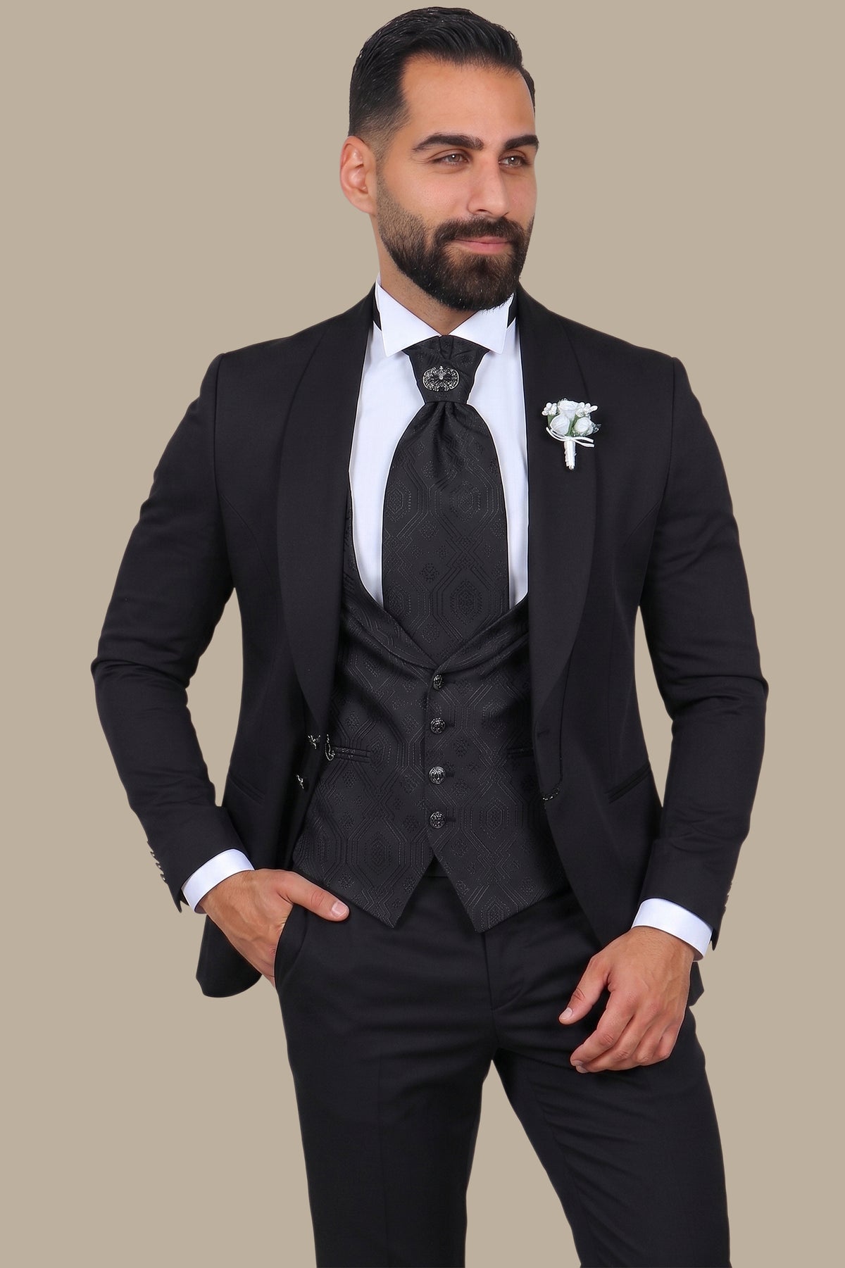 Black 4-Piece Tuxedo with Chale Collar and 6 Buttons