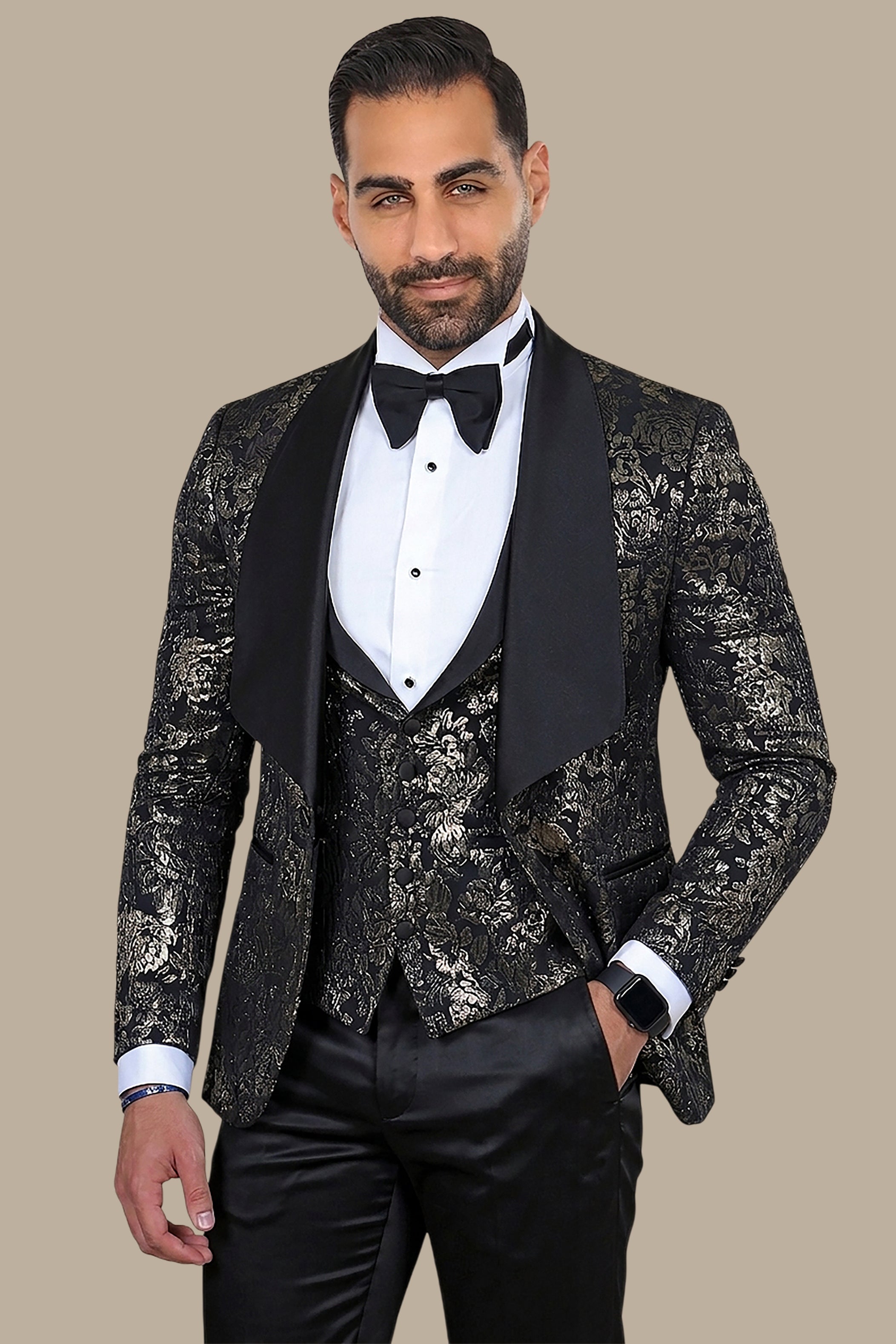 4 Pieces Gold Jacquard Tuxedo with Wide Col Chale