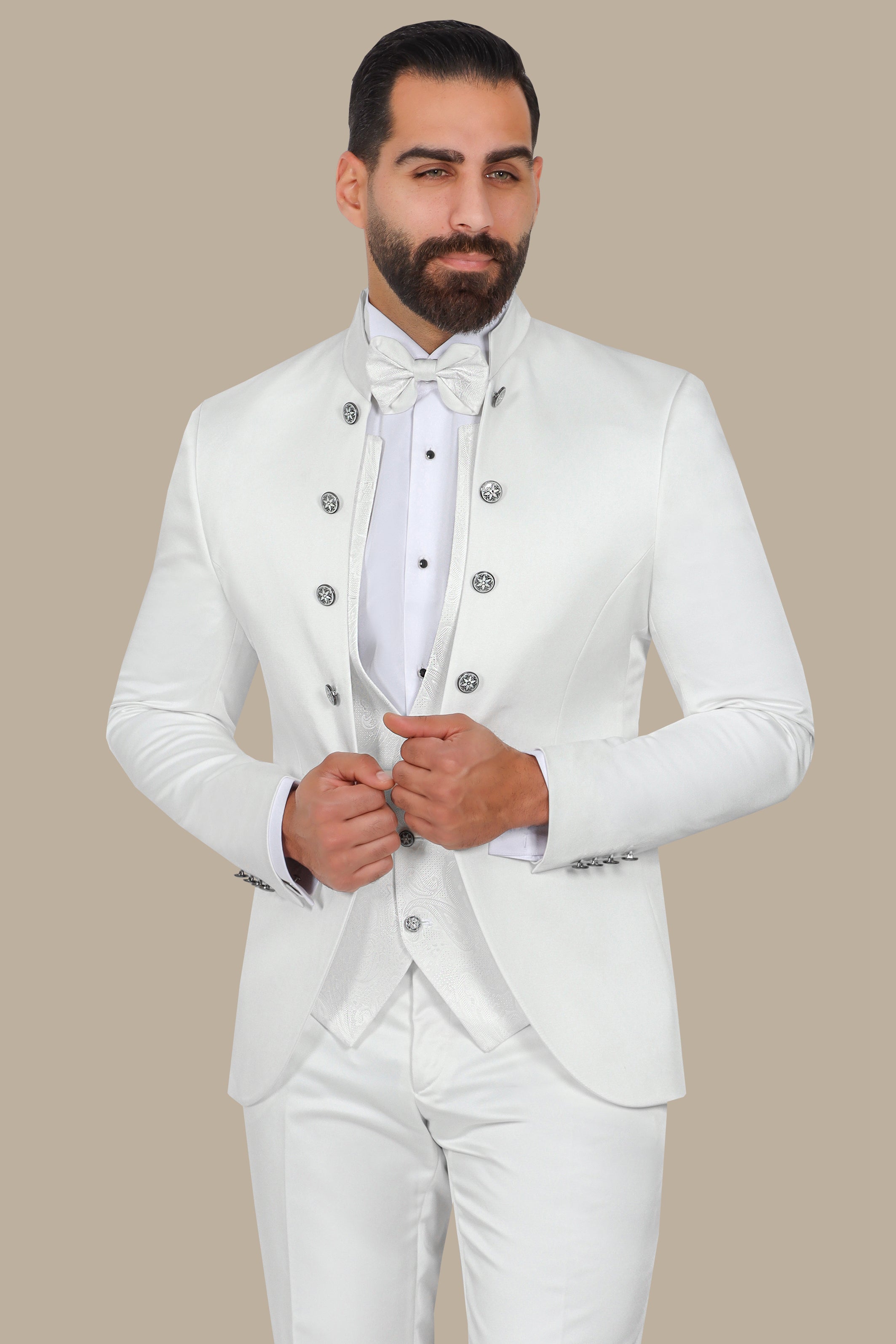 White 4-Piece Tuxedo with Col Chale & 12 Buttons