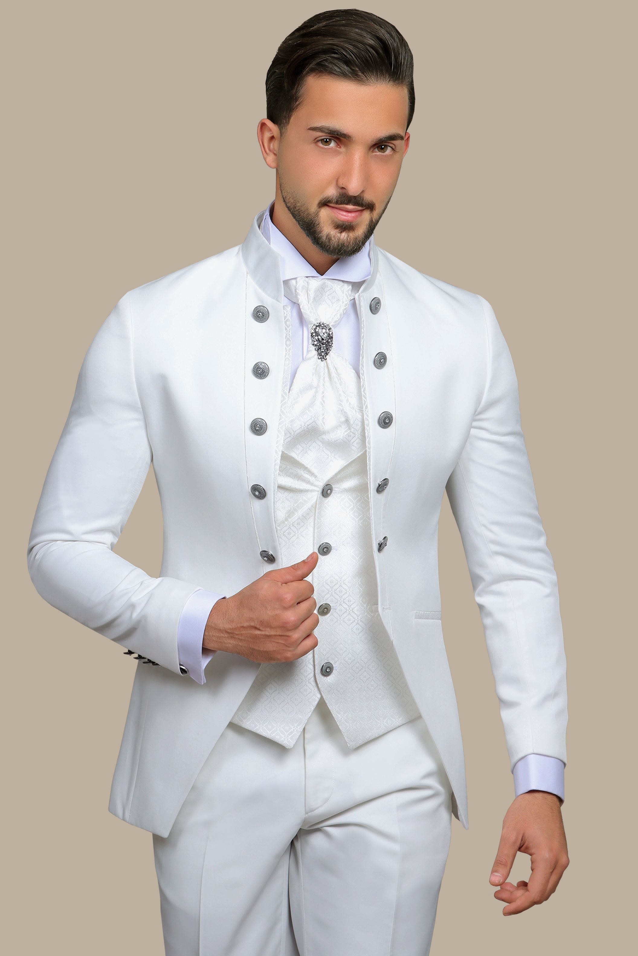 White 4-Piece Tuxedo with Col Chale & 12 Buttons