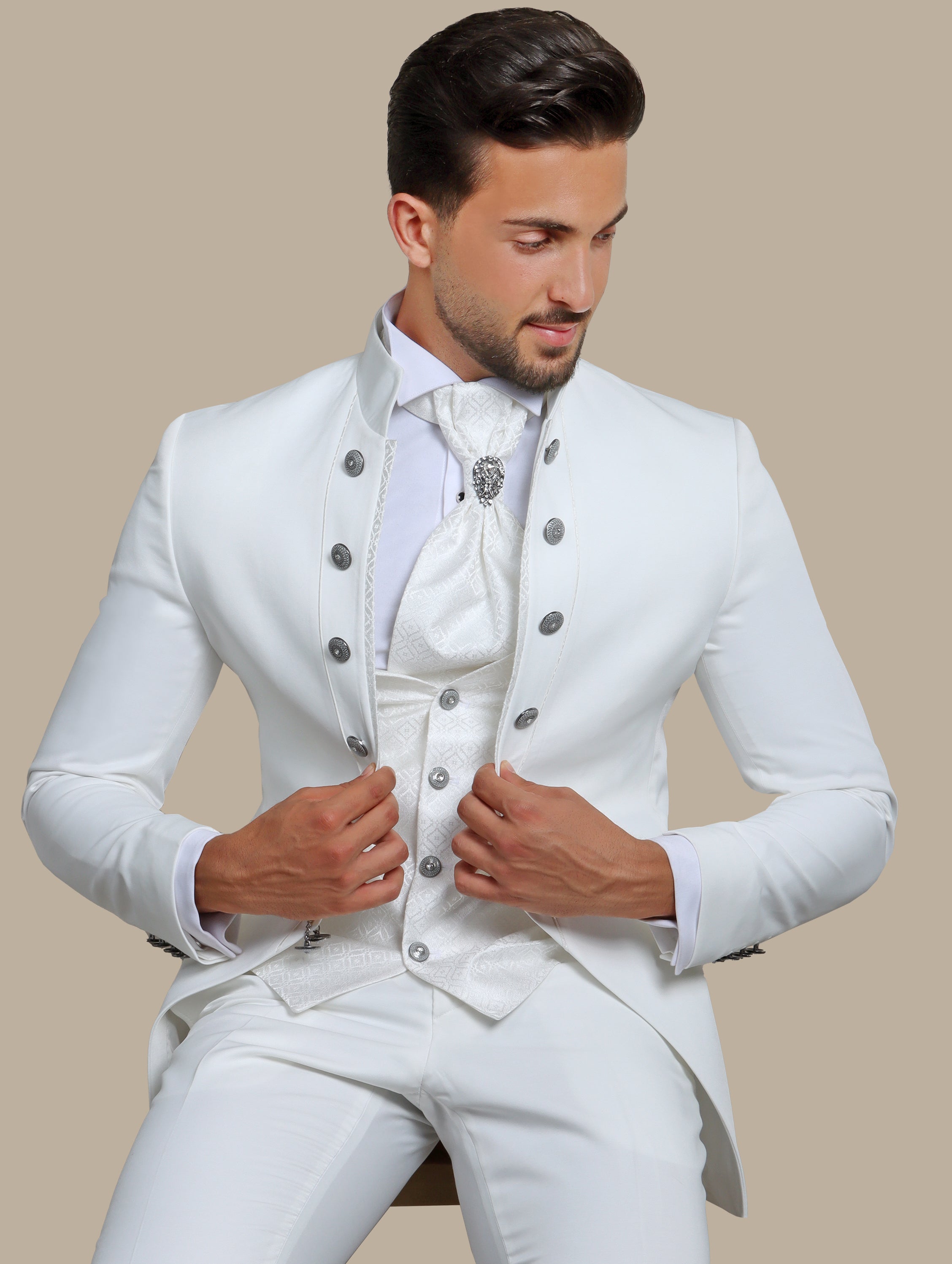 White 4-Piece Tuxedo with Col Chale & 12 Buttons