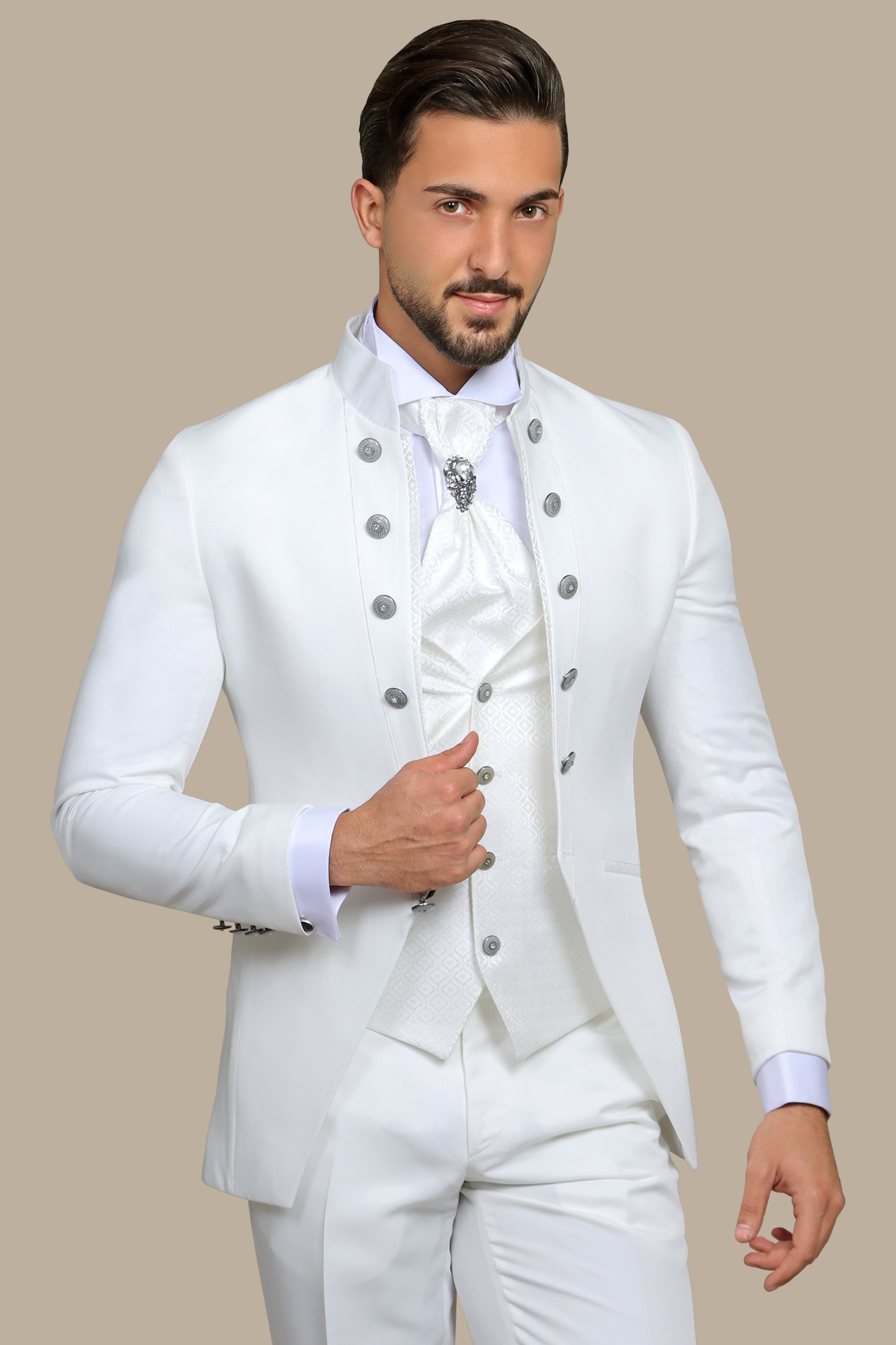 White 4-Piece Tuxedo with Col Chale & 12 Buttons