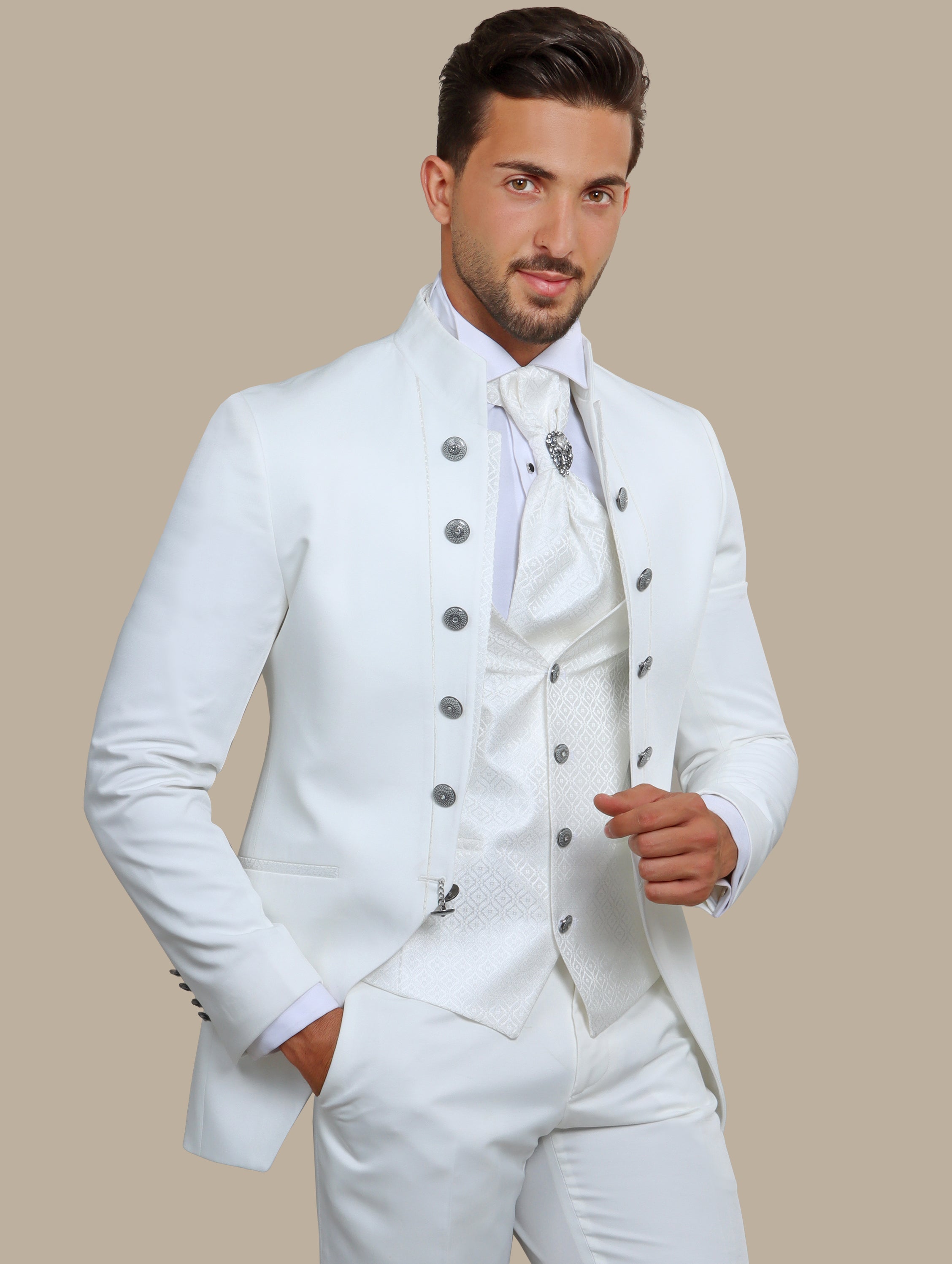 White 4-Piece Tuxedo with Col Chale & 12 Buttons