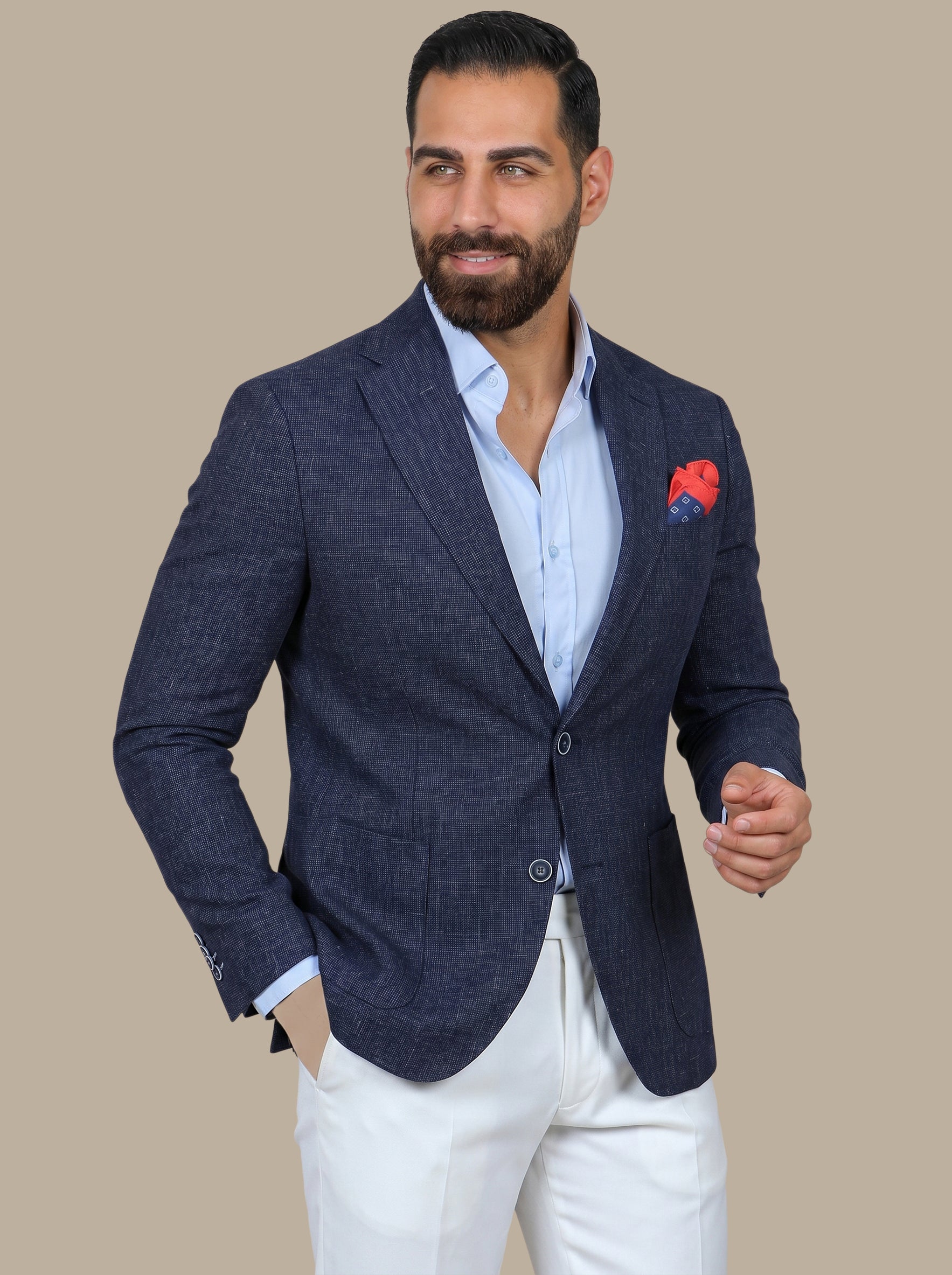 Navy Small Checks Suit with White Pants