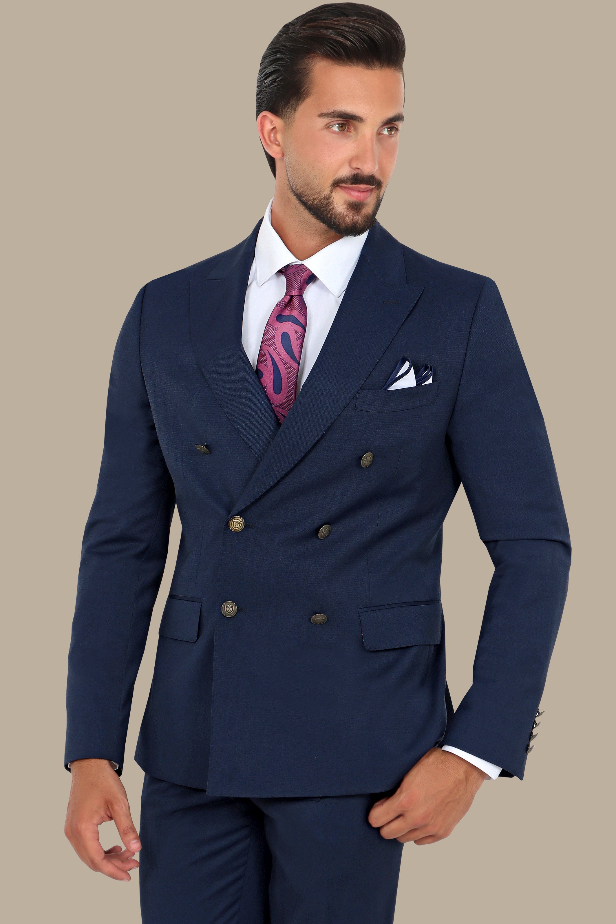 Navy Three-Piece Double-Breasted Suit with Metal Buttons