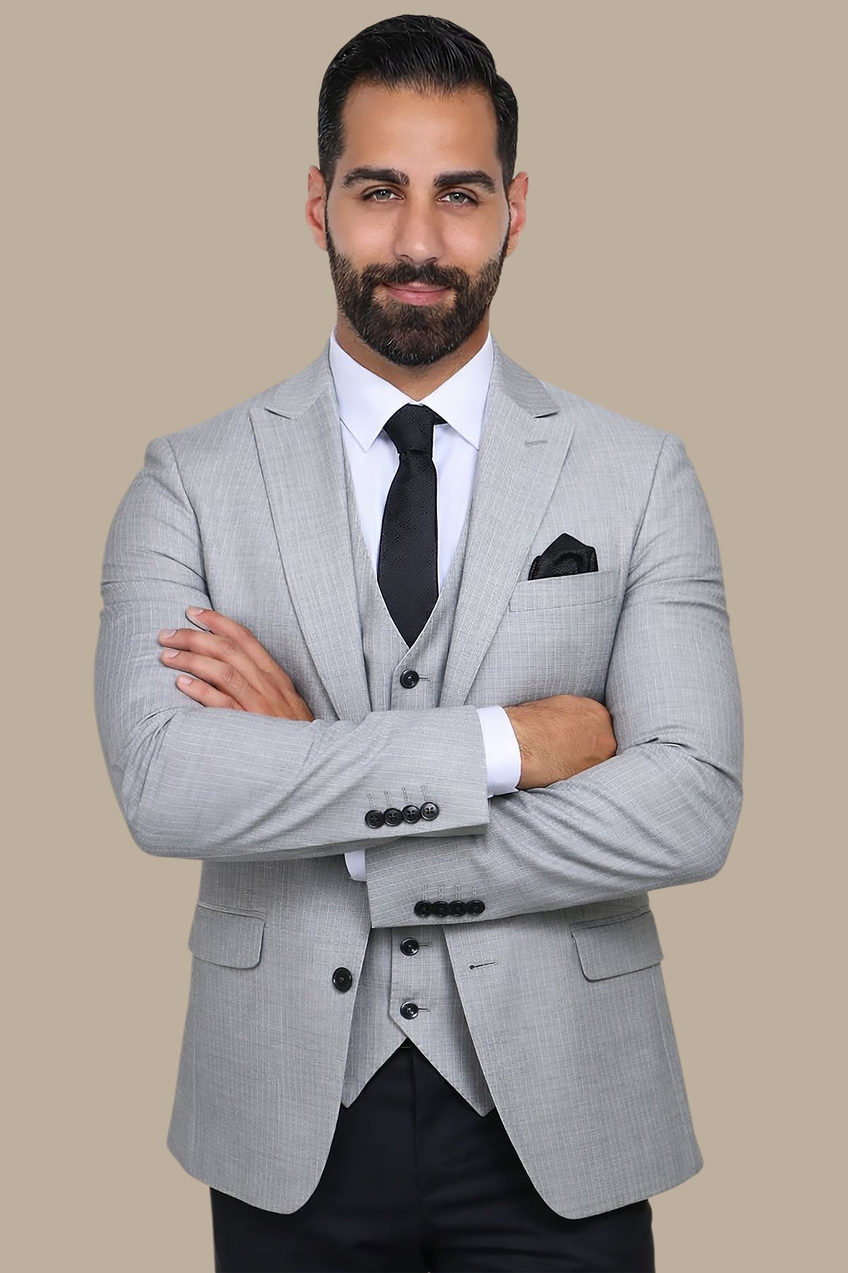 Light Grey Slim Fit 3-Piece Striped Wool Suit
