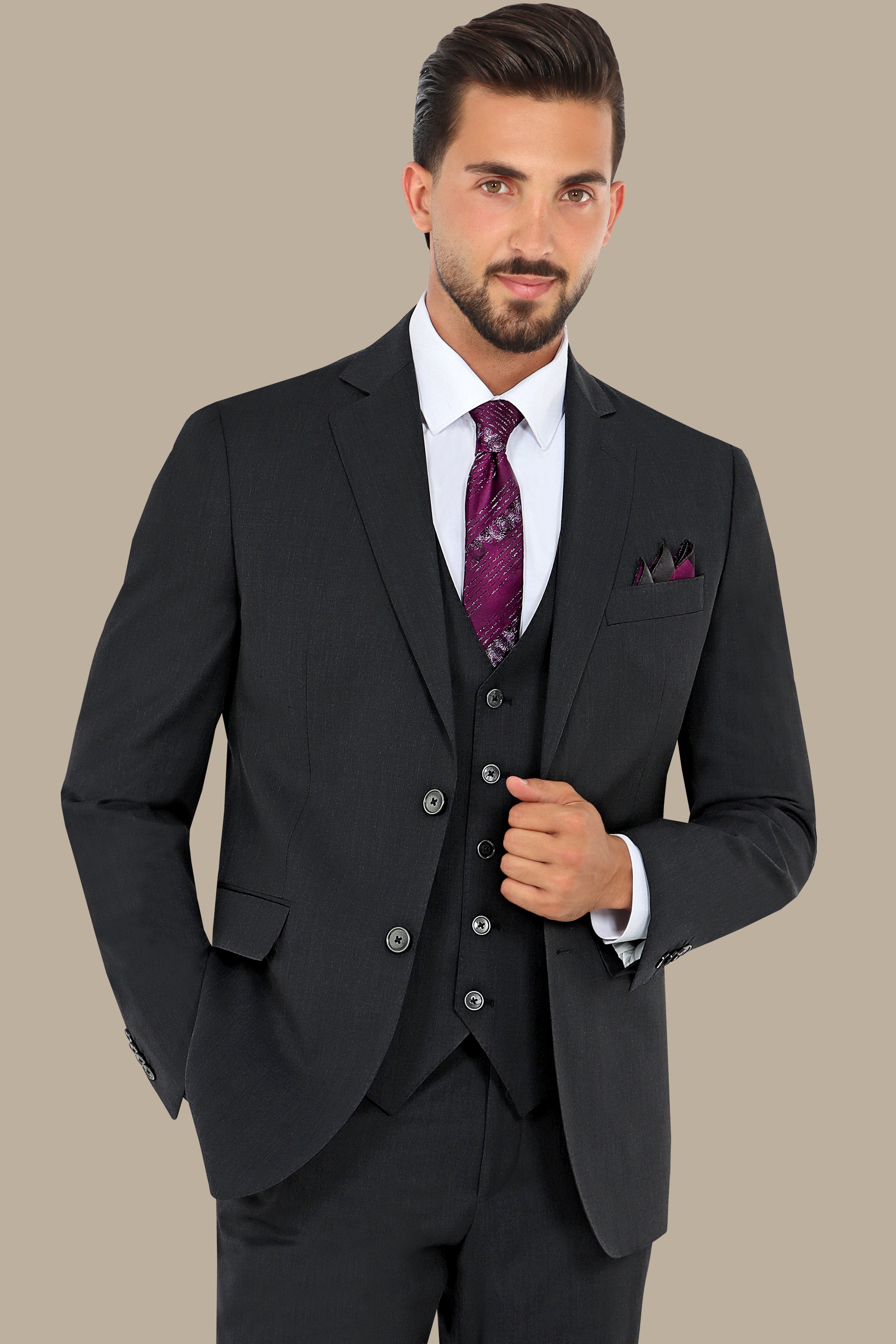 Dark Gray Wool Regular Fit 3-Piece Suit