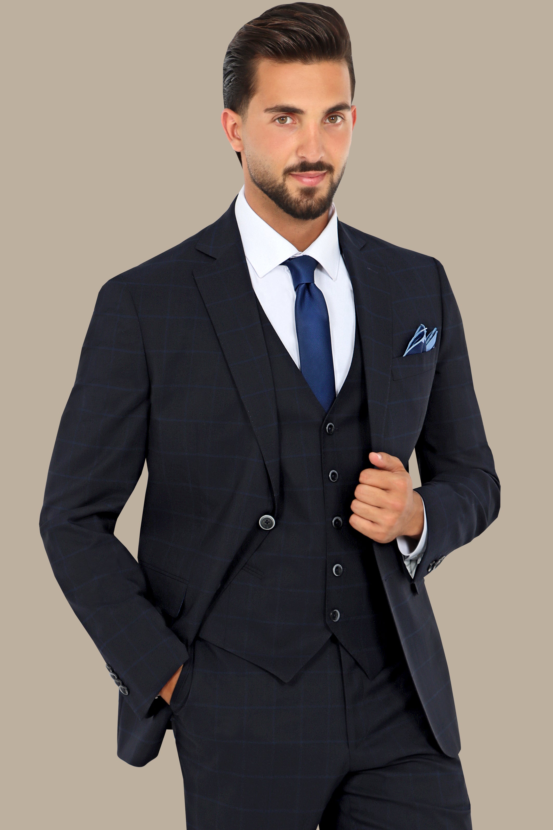 Navy Wool Checked Regular Fit 3-Piece Suit