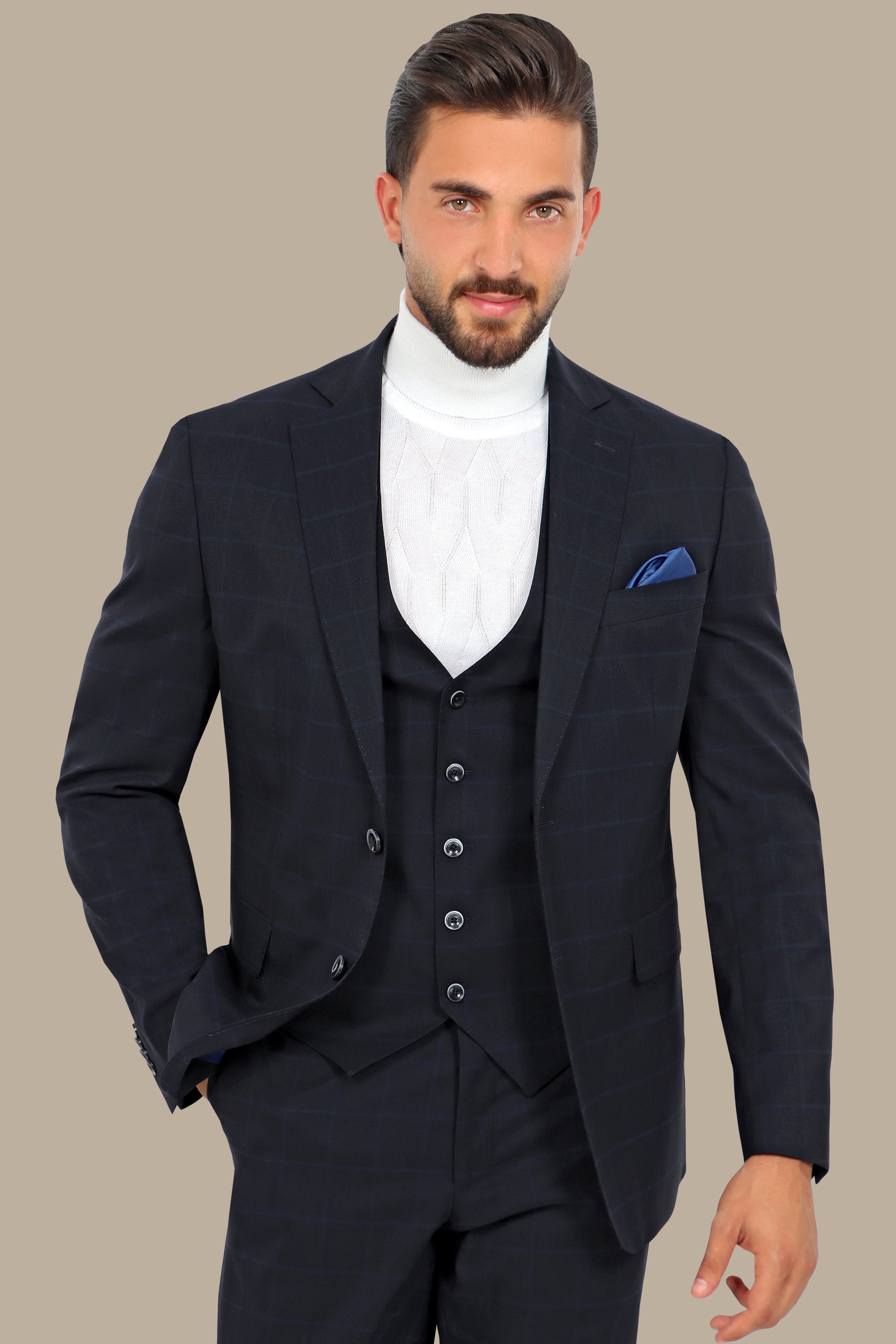 Navy Wool Checked Regular Fit 3-Piece Suit