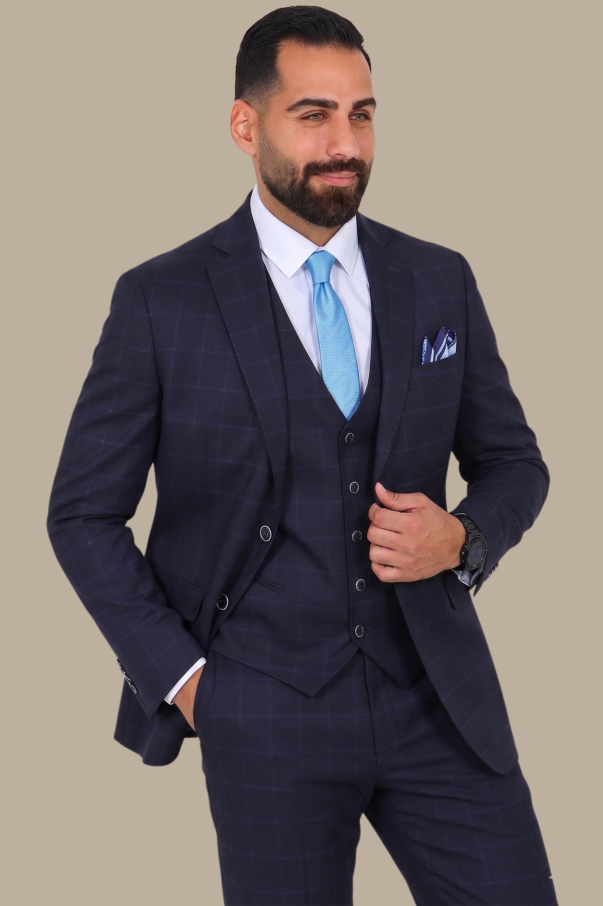 Navy Wool Checked Regular Fit 3-Piece Suit