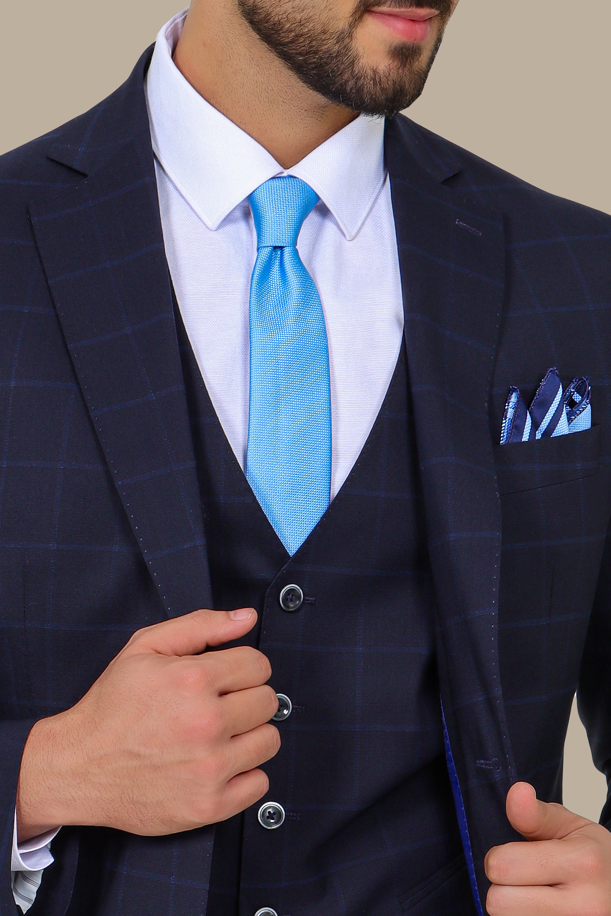 Navy Wool Checked Regular Fit 3-Piece Suit