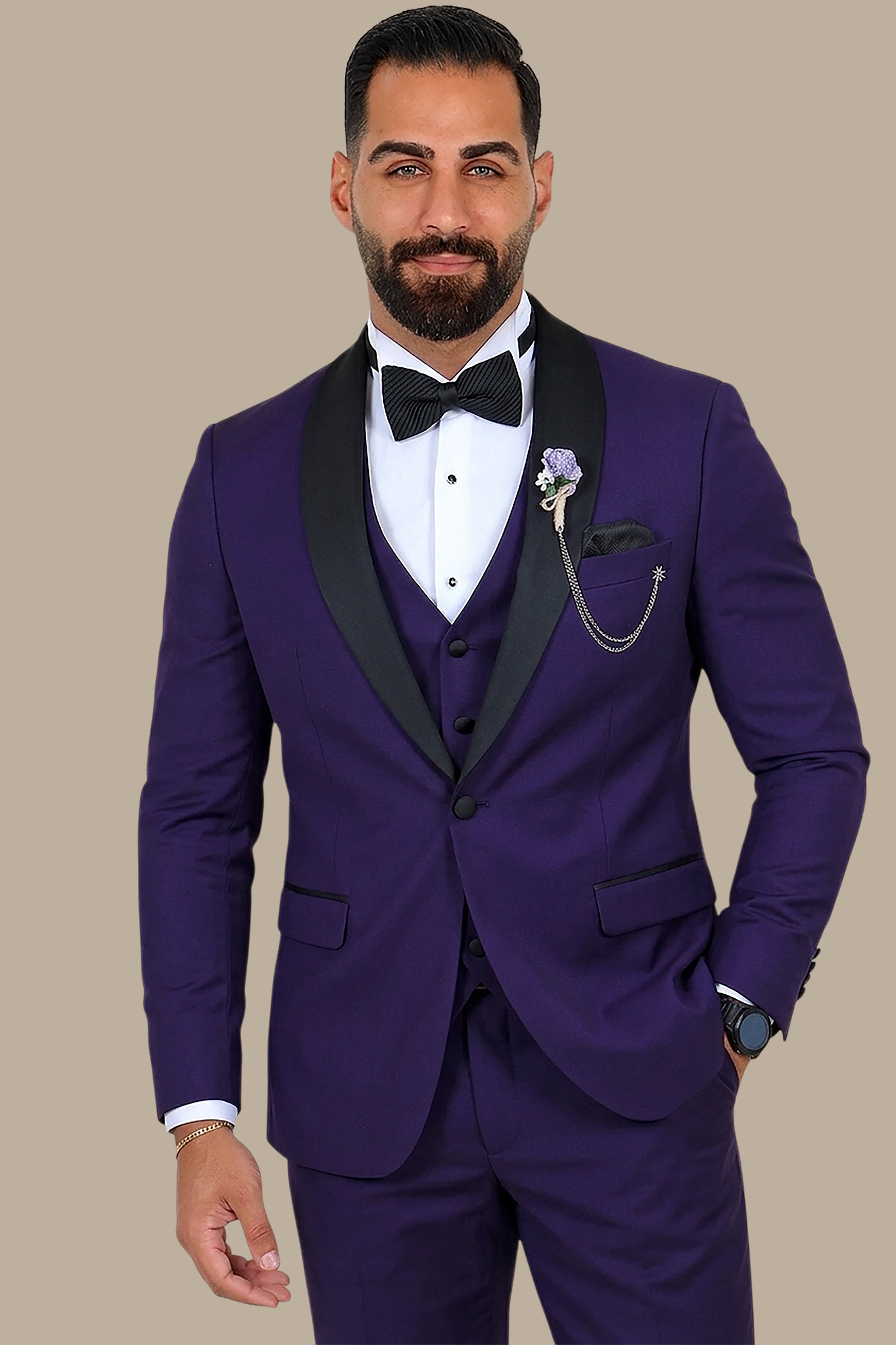Regal Splendor: Purple Shawl Collar 3-Piece Tuxedo