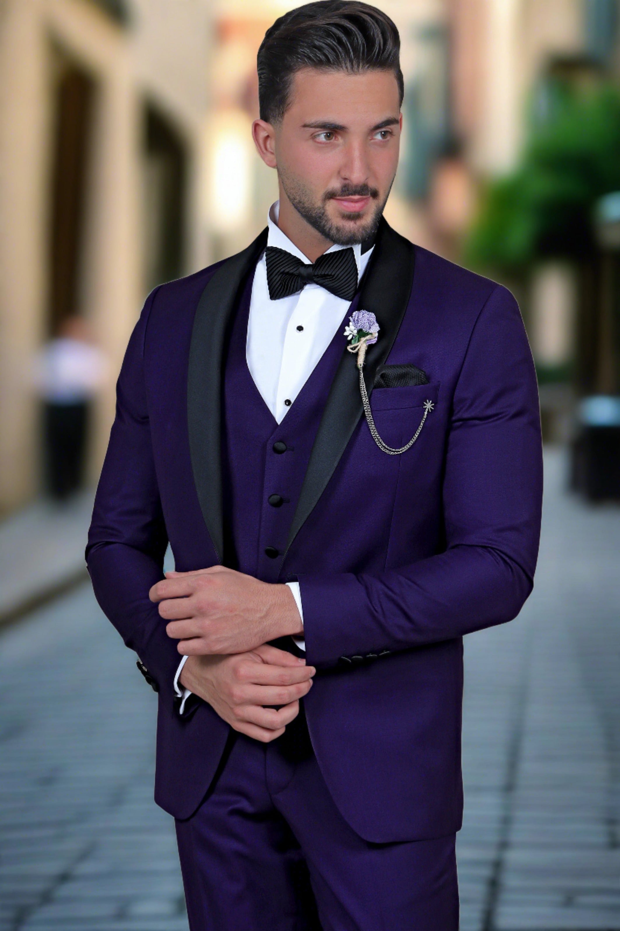 Regal Splendor: Purple Shawl Collar 3-Piece Tuxedo