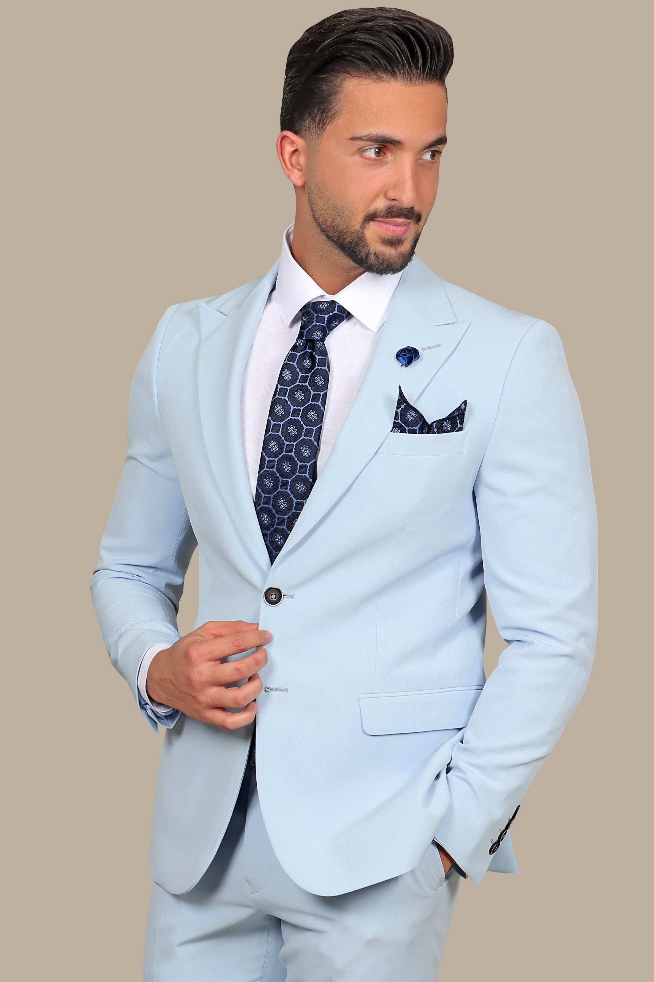 Skyline Chic: Light Blue Peak Lapel Suit with Side Belt Pants