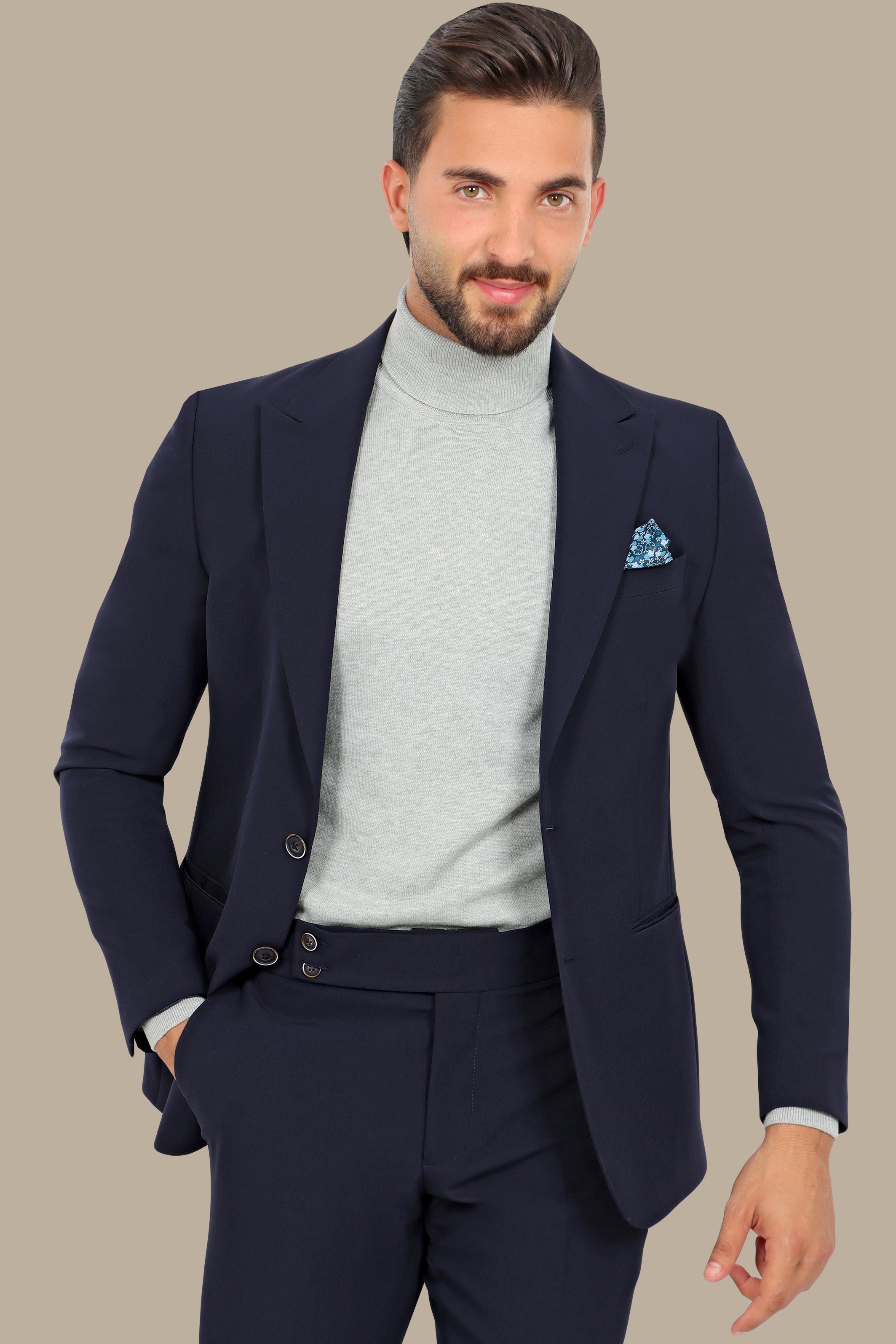 Navy Peak Lapel Suit with Side Belt Pants